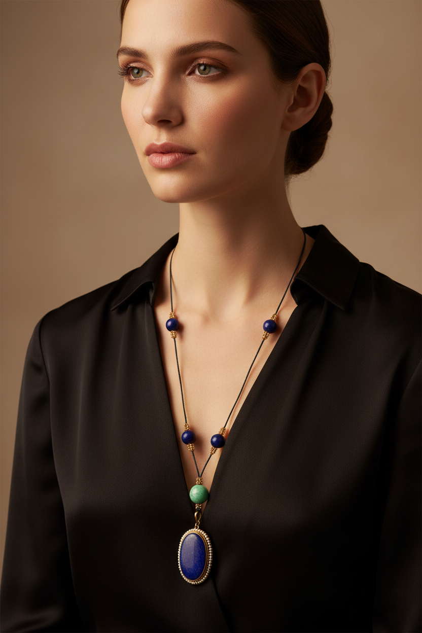 Antique Art Deco estate necklace of lapis and 14kt gold