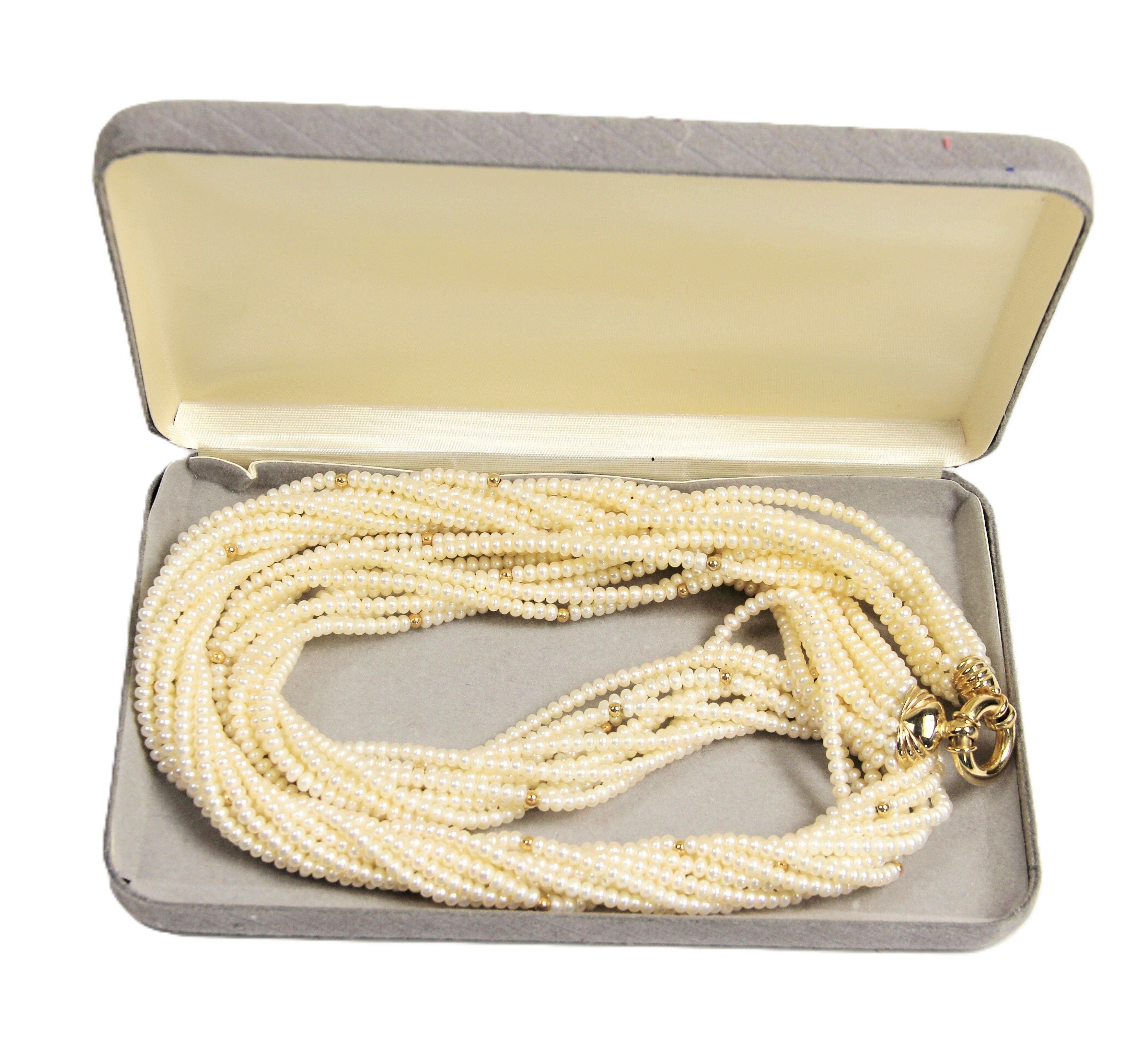 80s estate jewelry 14kt gold and 10 strand pearl necklace