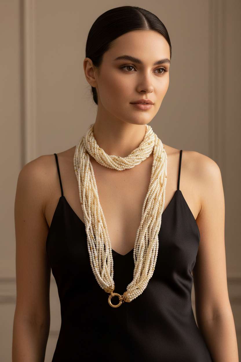 80s estate jewelry 14kt gold and 10 strand pearl necklace