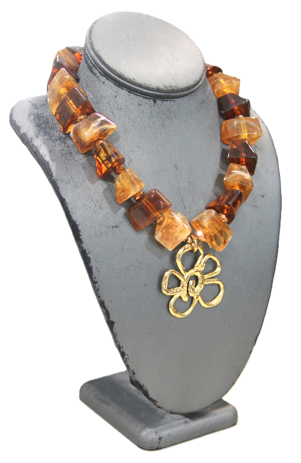 MODERN AMBER RESIN FLOWER PENDANT STATEMENT NECKLACE