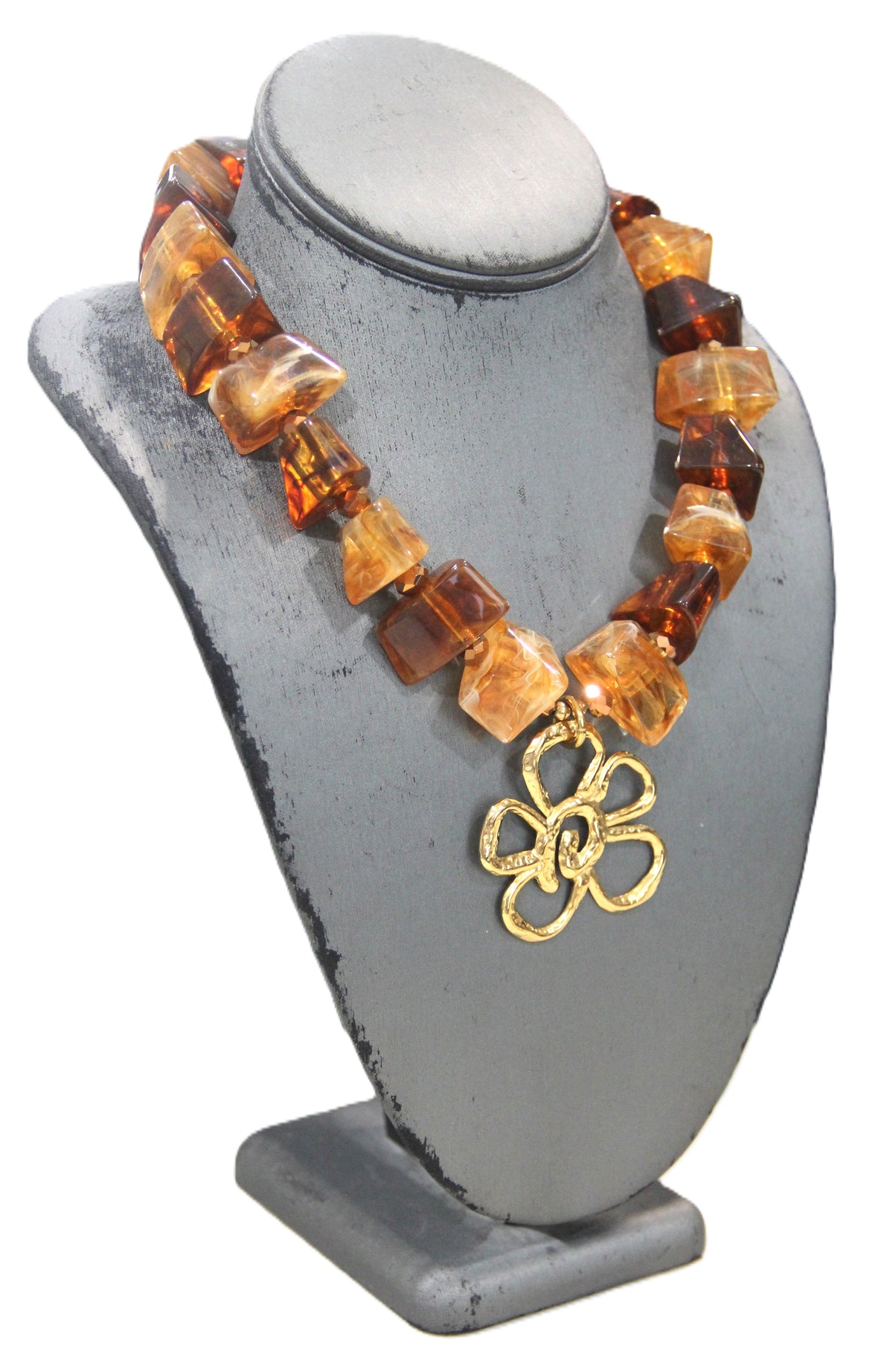 MODERN AMBER RESIN FLOWER PENDANT STATEMENT NECKLACE