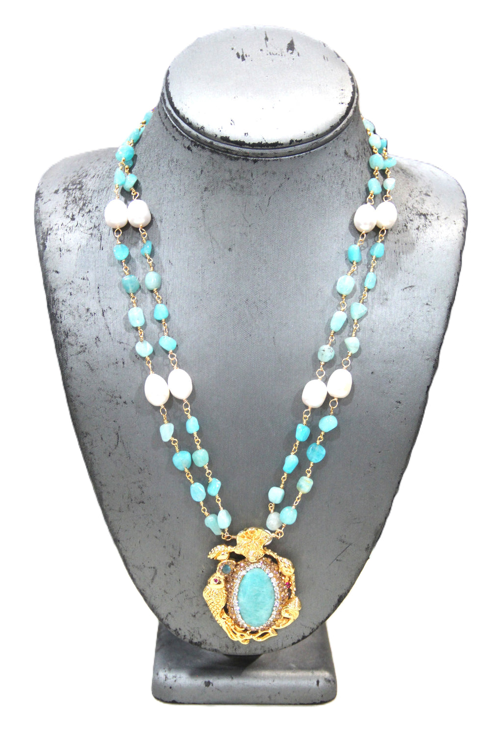AMAZONITE & PEARL FISH NECKLACE