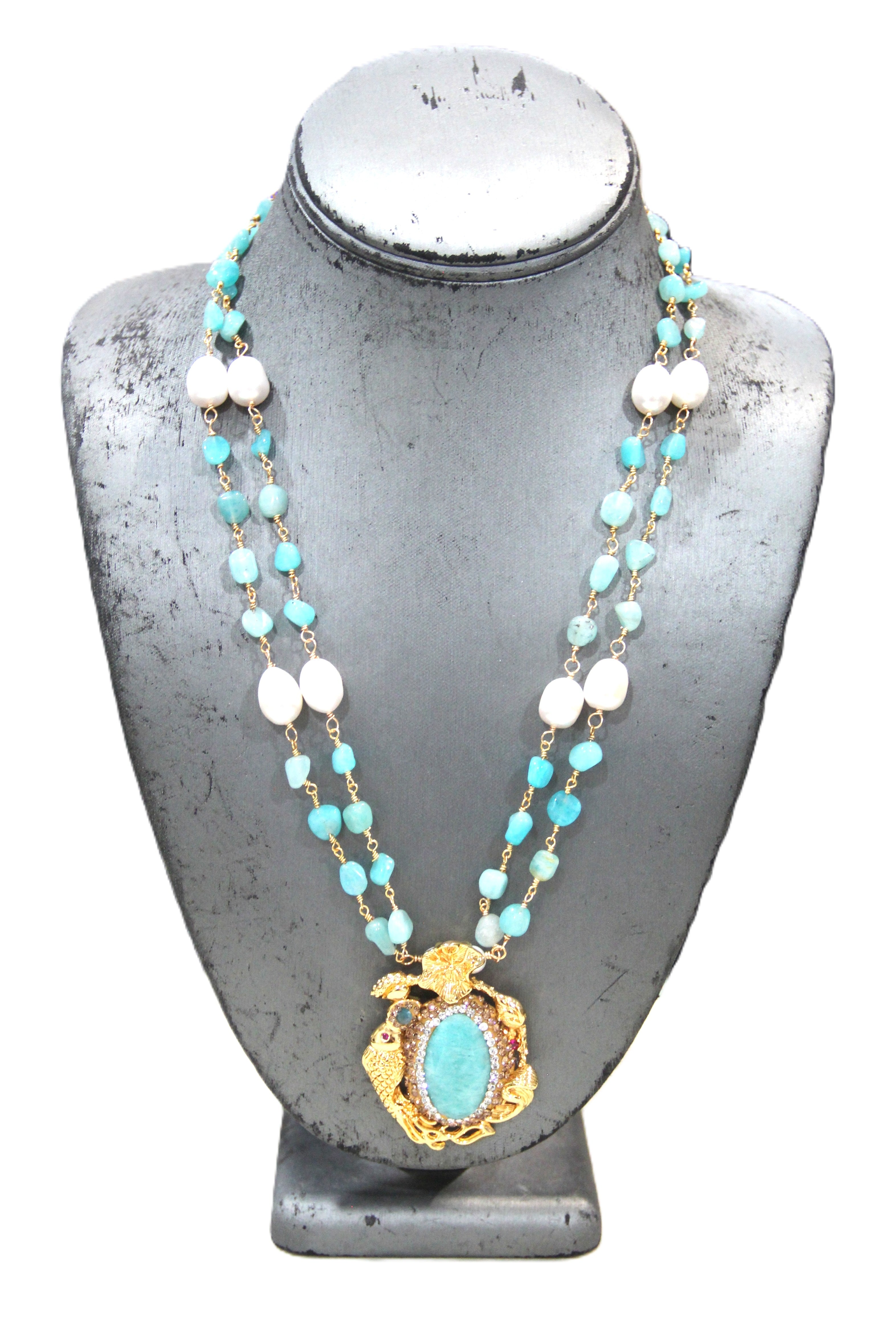 AMAZONITE & PEARL FISH NECKLACE