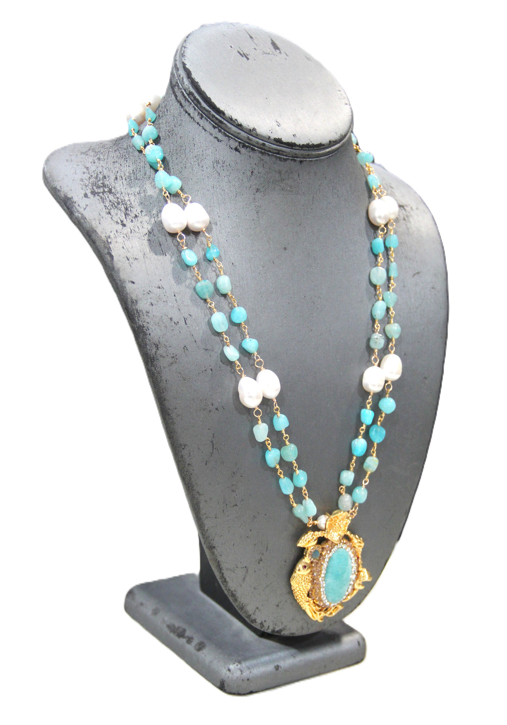 AMAZONITE & PEARL FISH NECKLACE