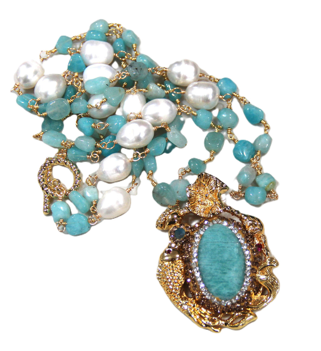 AMAZONITE & PEARL FISH NECKLACE