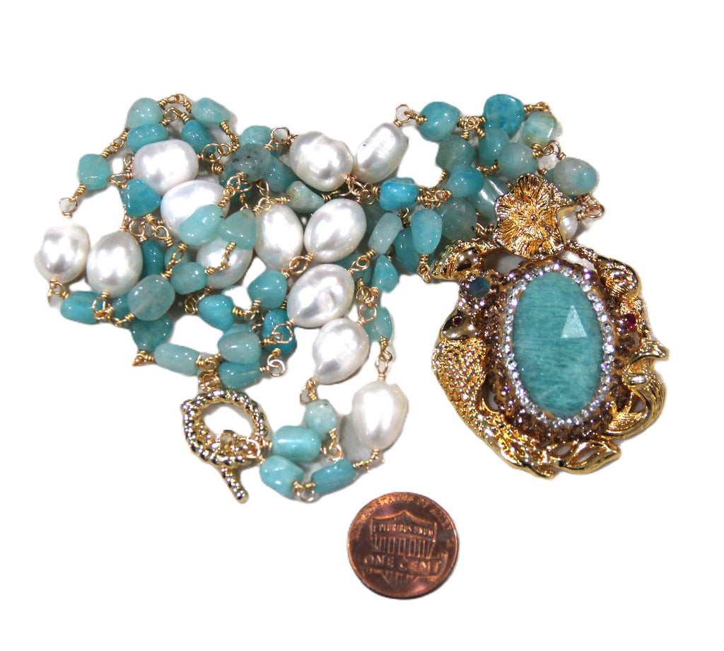 AMAZONITE & PEARL FISH NECKLACE