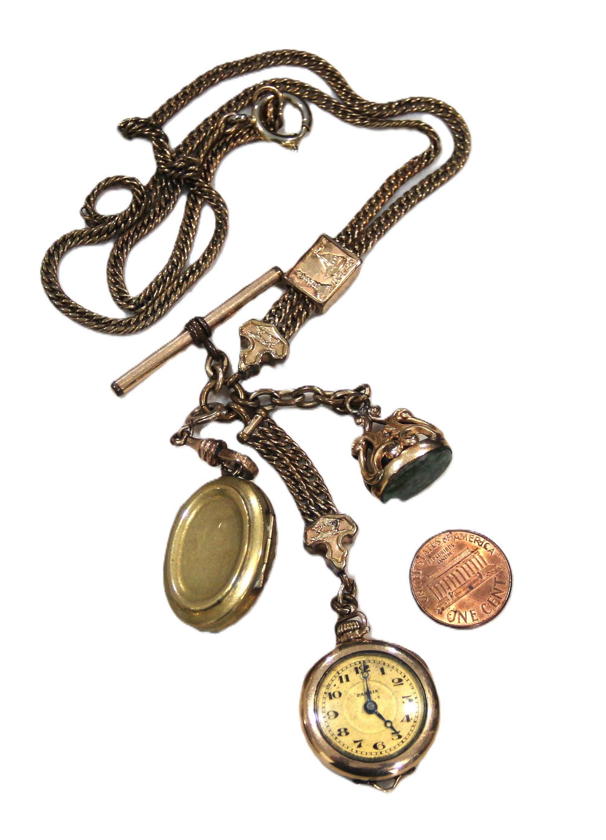 ANTIQUE VICTORIAN FOB CHAIN WITH FOB, LOCKET & WATCH PENDANT