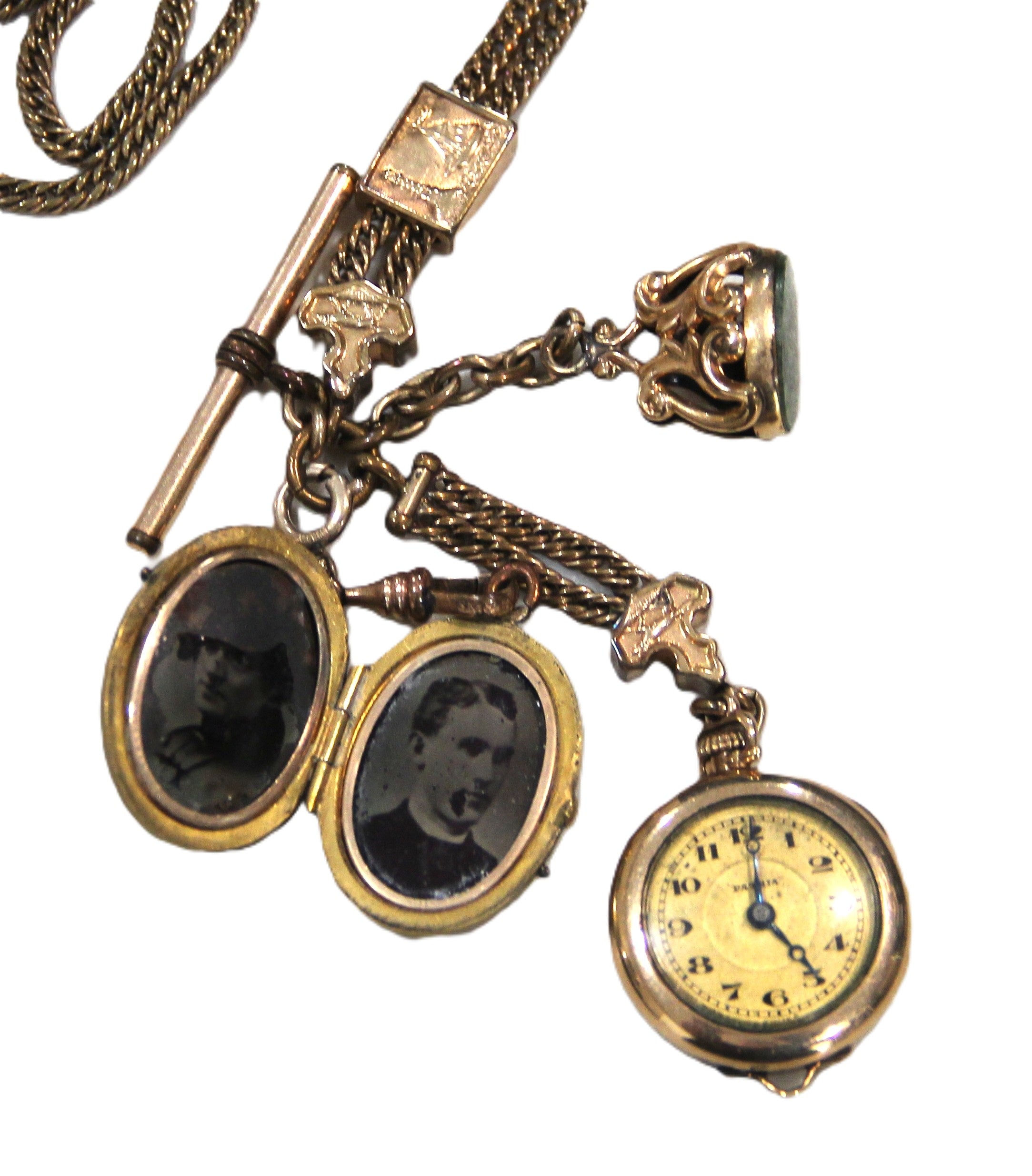 ANTIQUE VICTORIAN FOB CHAIN WITH FOB, LOCKET & WATCH PENDANT