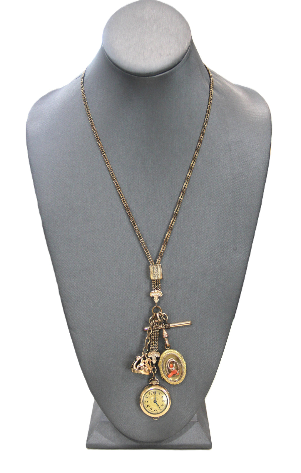ANTIQUE VICTORIAN FOB CHAIN WITH FOB, LOCKET & WATCH PENDANT