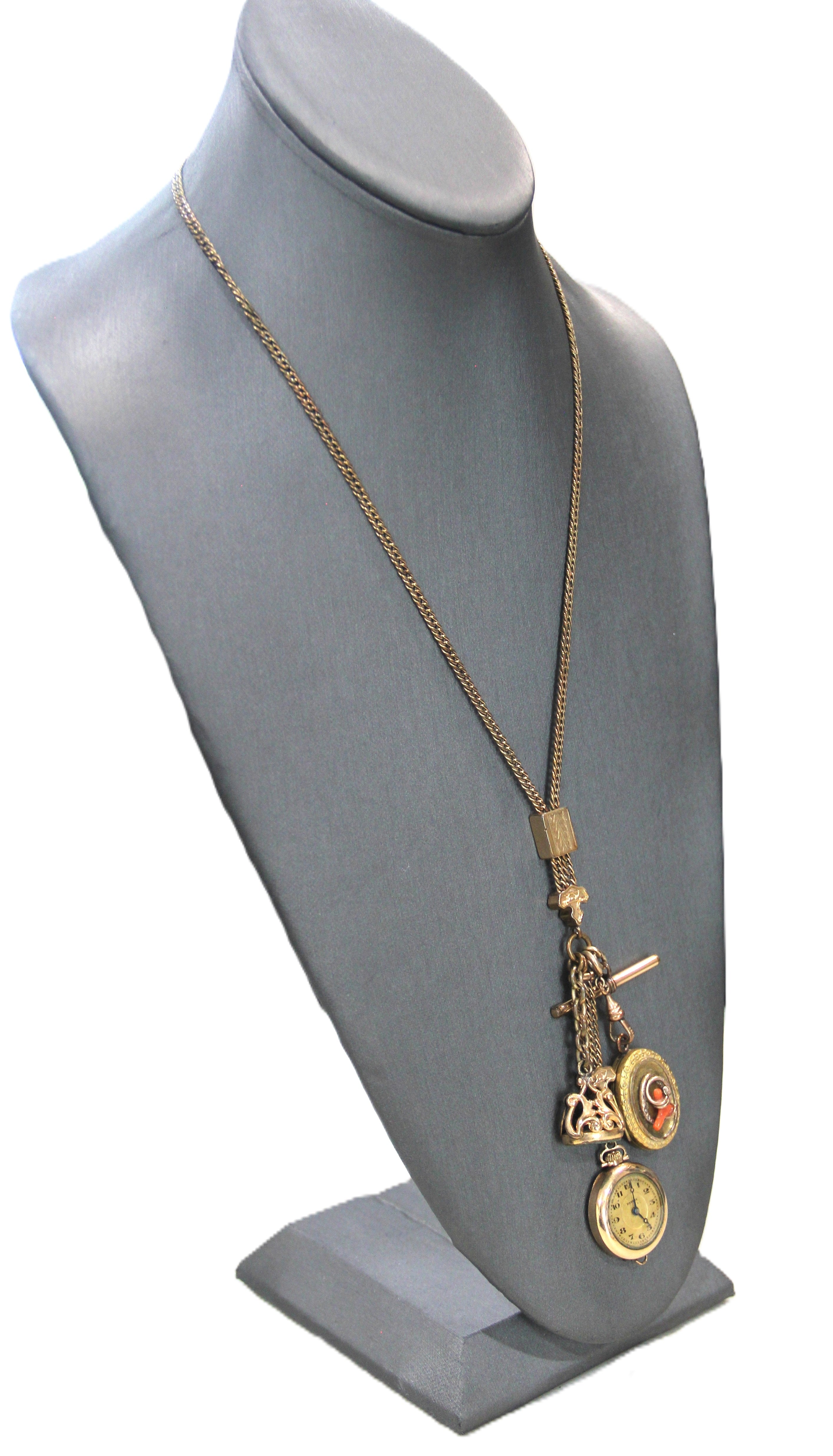 ANTIQUE VICTORIAN FOB CHAIN WITH FOB, LOCKET & WATCH PENDANT