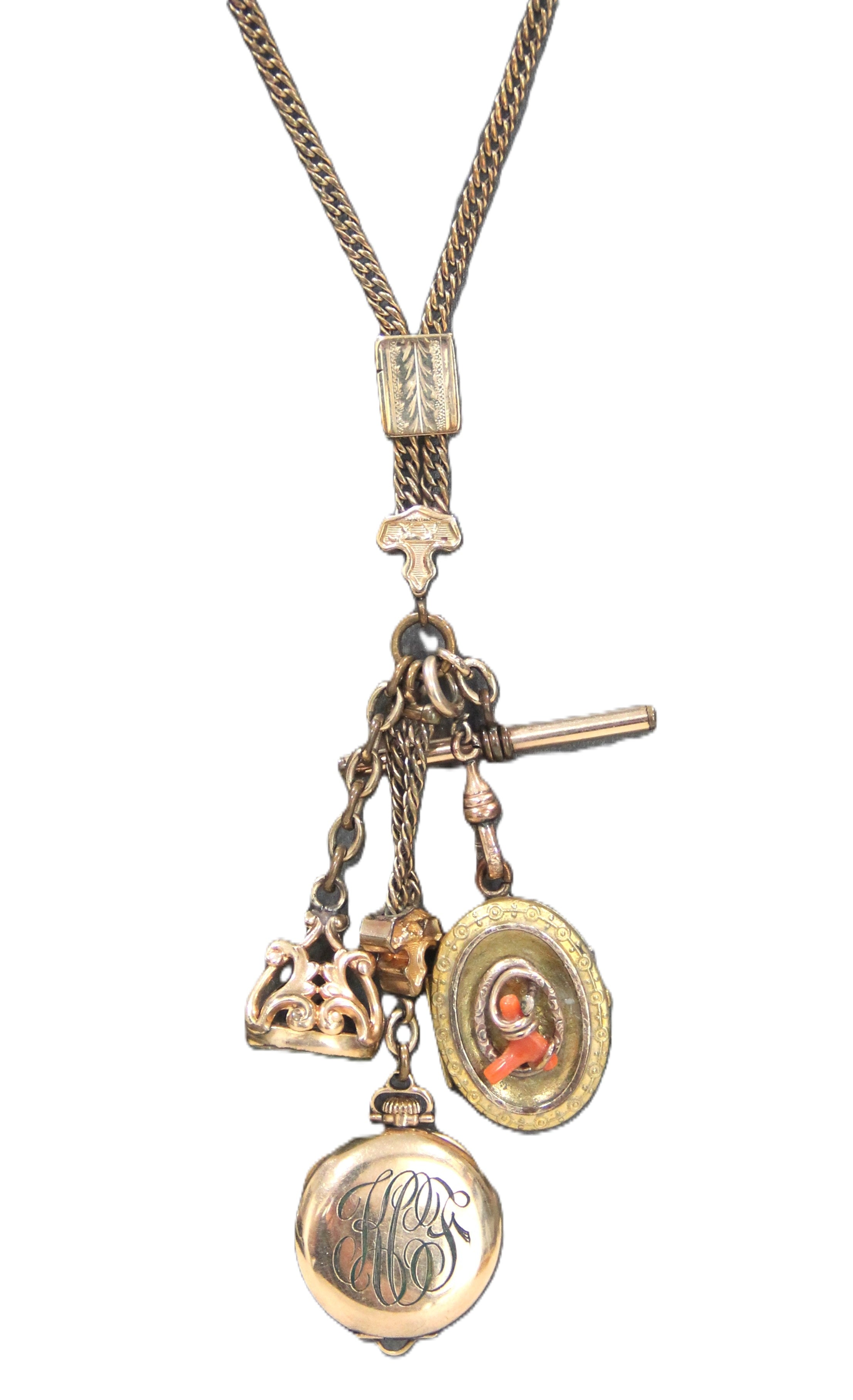 ANTIQUE VICTORIAN FOB CHAIN WITH FOB, LOCKET & WATCH PENDANT