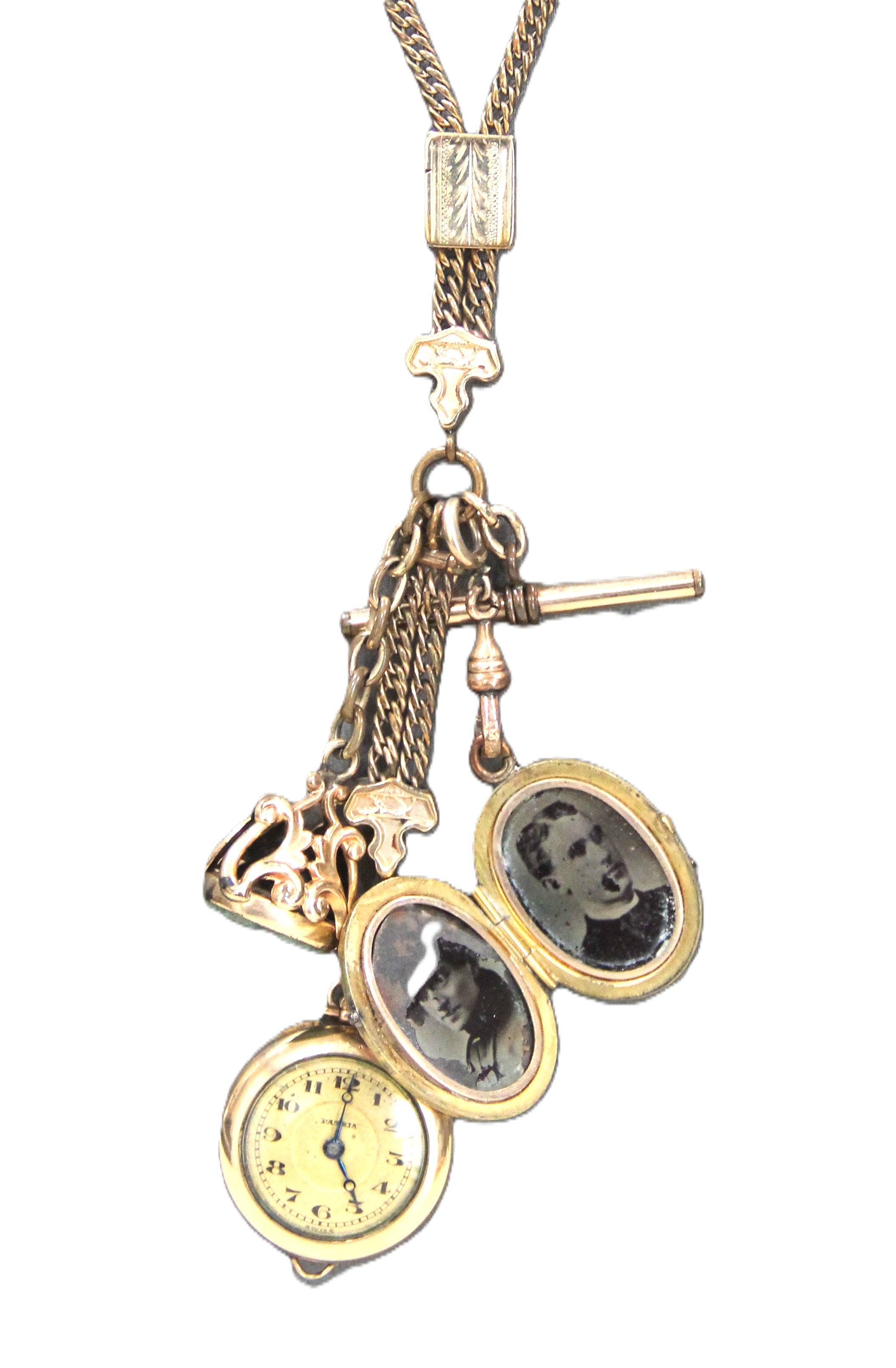 ANTIQUE VICTORIAN FOB CHAIN WITH FOB, LOCKET & WATCH PENDANT
