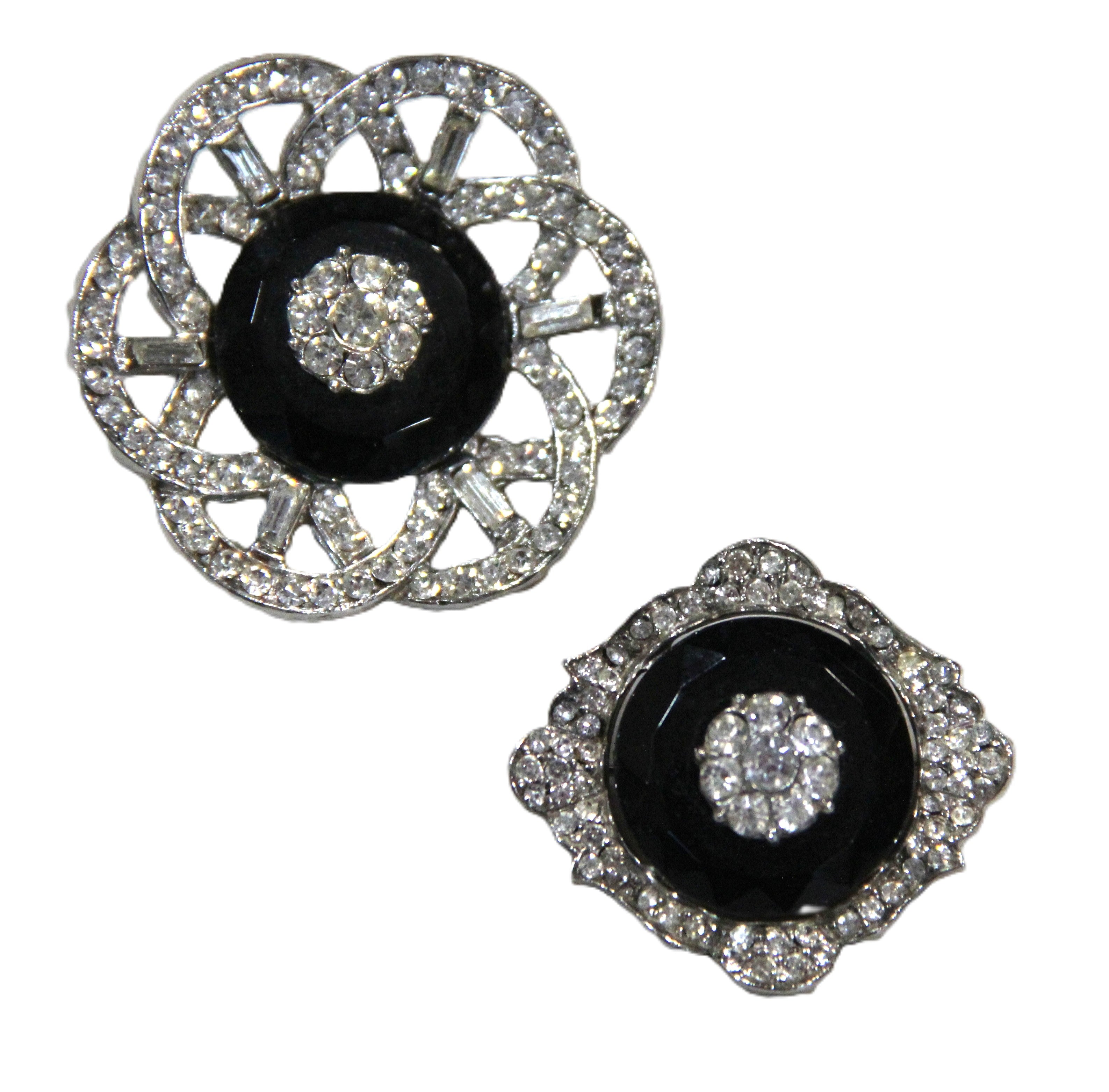 Pair of Art Deco black glass & crystal brooches