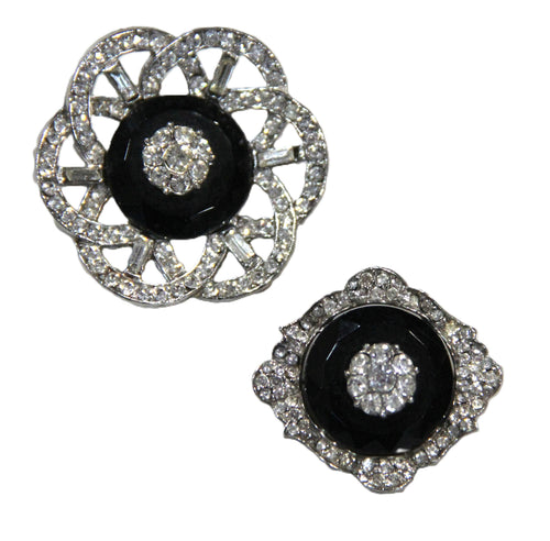 Pair of Art Deco black glass & crystal brooches