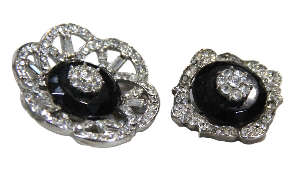 Pair of Art Deco black glass & crystal brooches