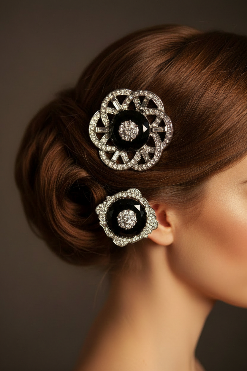 Pair of Art Deco black glass & crystal brooches