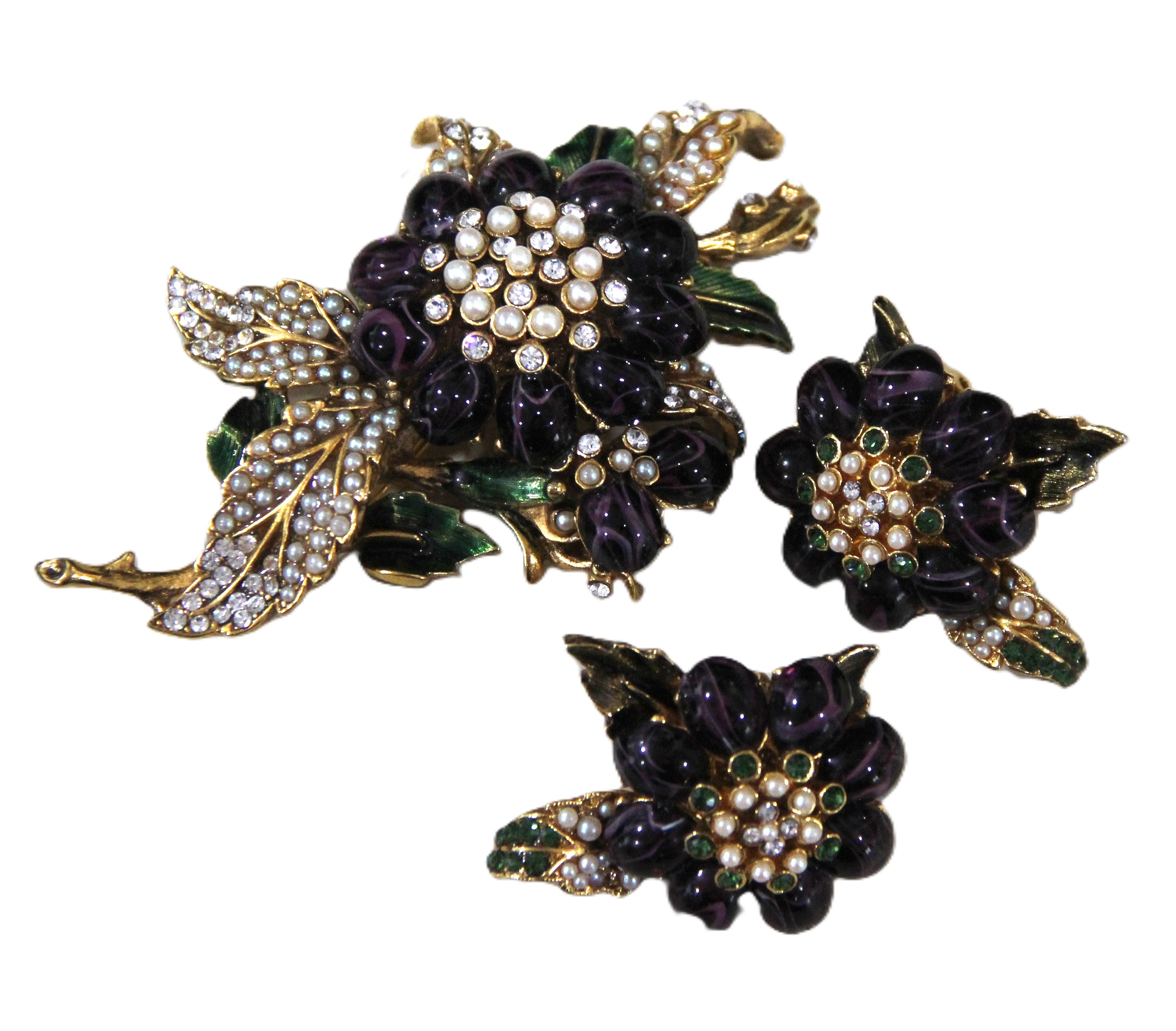 BARRERA INSANE PURPLE GLASS CABOCHON FLOWER BROOCH & EARRINGS SET