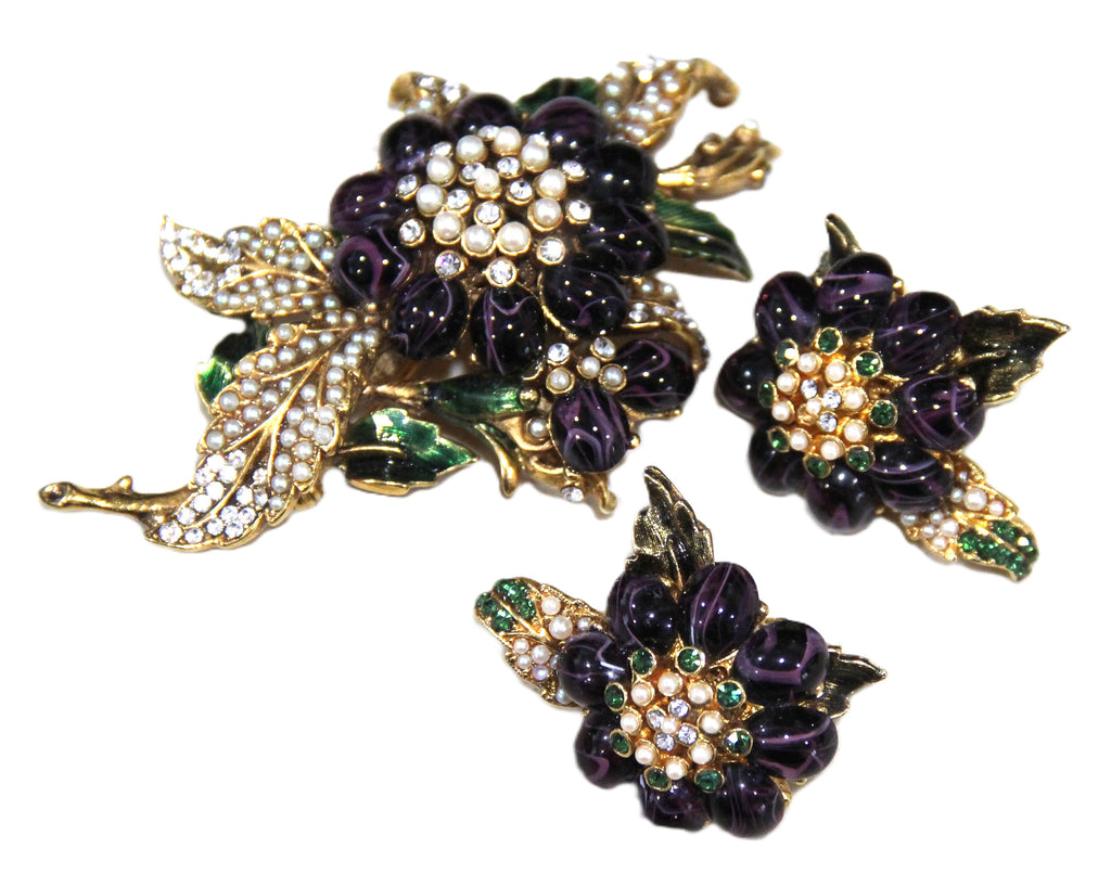 BARRERA INSANE PURPLE GLASS CABOCHON FLOWER BROOCH & EARRINGS SET