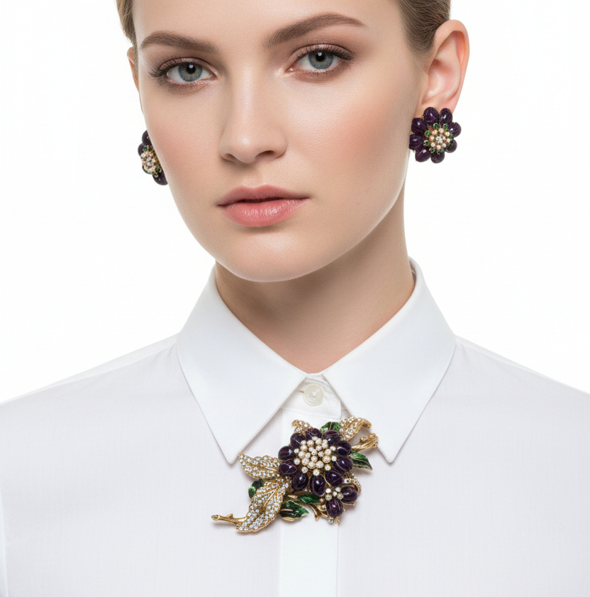 BARRERA INSANE PURPLE GLASS CABOCHON FLOWER BROOCH & EARRINGS SET