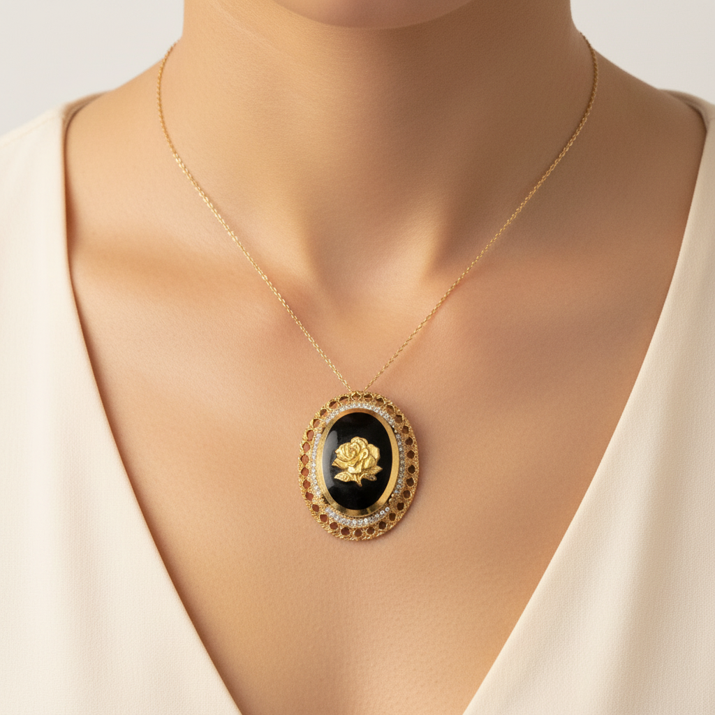 Vintage black glass flower cameo pendant brooch