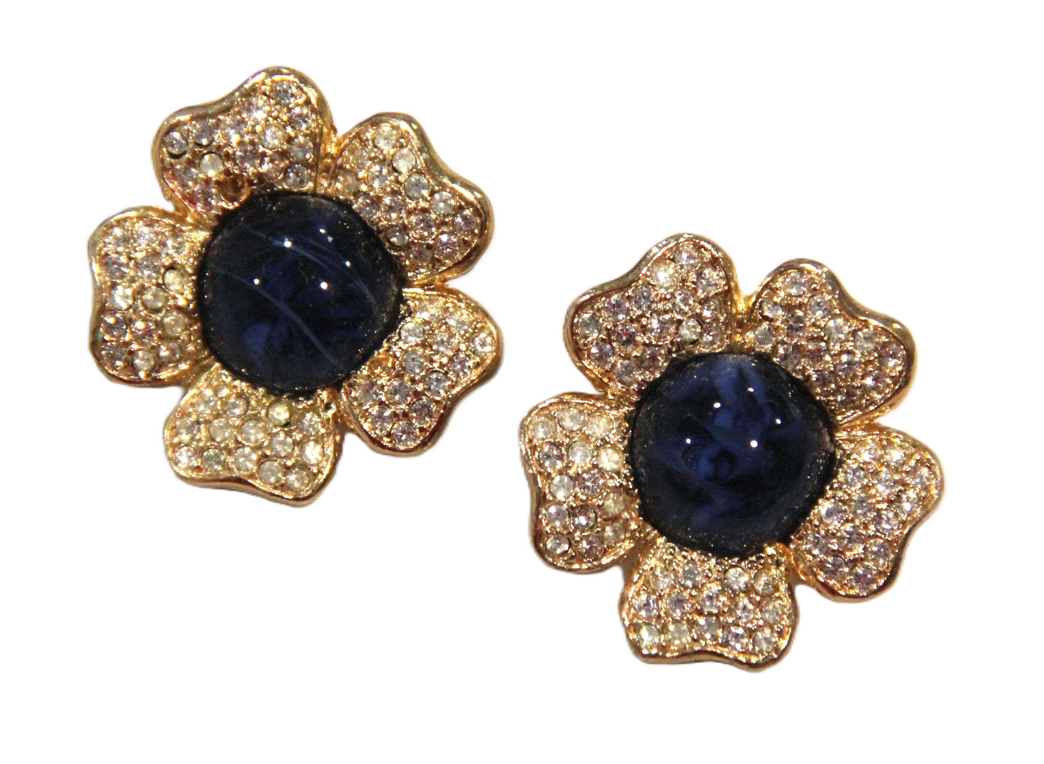DEAD STOCK PAVE CRYSTAL & CABOCHON FLOWER EARRINGS