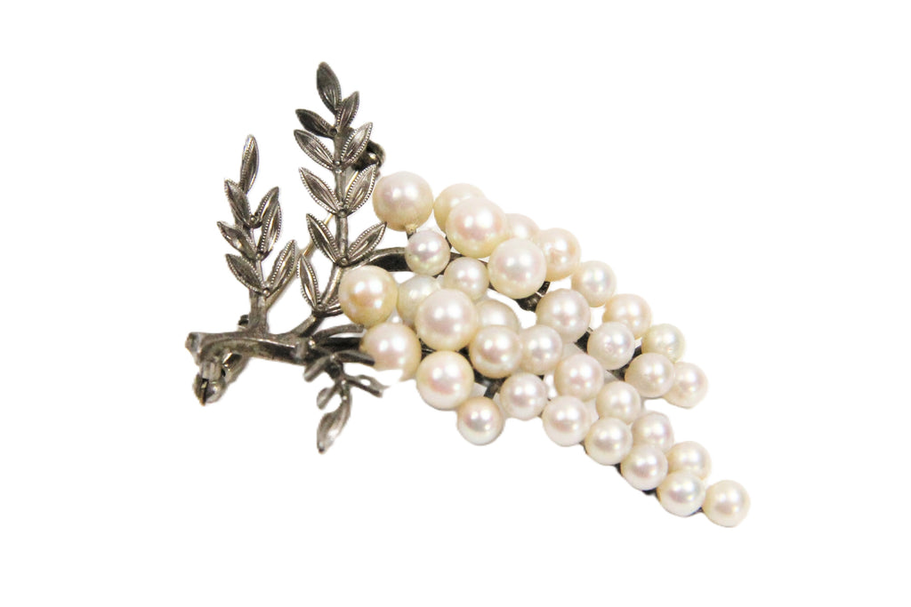 Estate vintage European sterling and pearl grape brooch