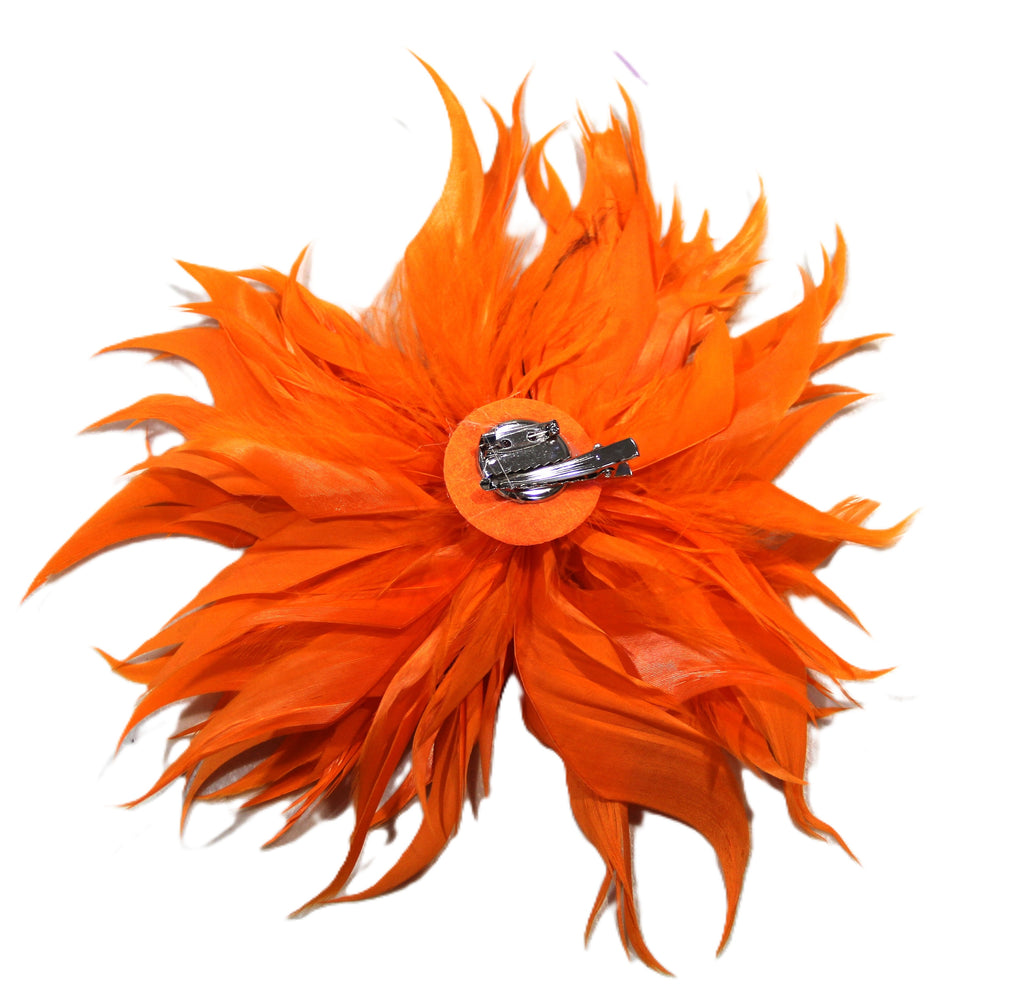 BRIGHT ORANGE LARGE FEATHER FLOWER CLIP BROOCH