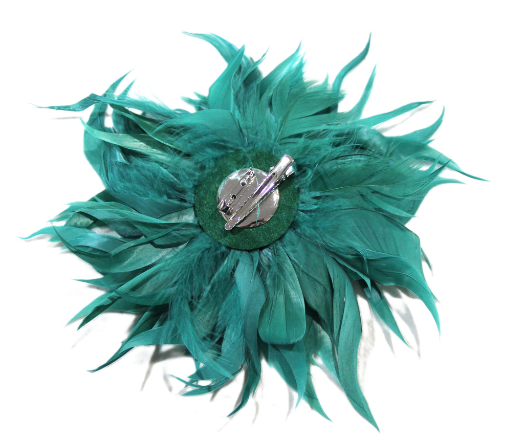 TEAL LARGE FEATHER FLOWER CLIP BROOCH