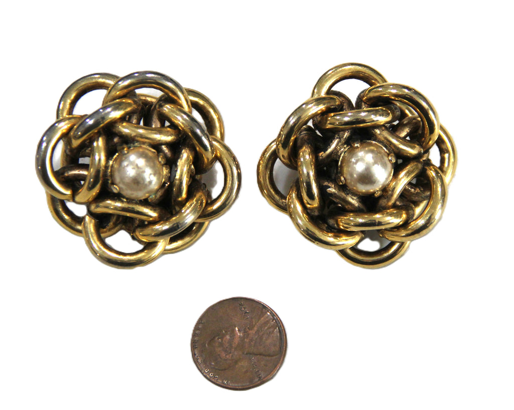 AMAZING VINTAGE FRENCH GLASS PEARL & GOLD CHAIN STATEMENT EARRINGS