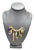 CONTEMPORARY 18KT GOLD PLATED FISH & GEMSTONE CHARM CHOKER NECKLACE