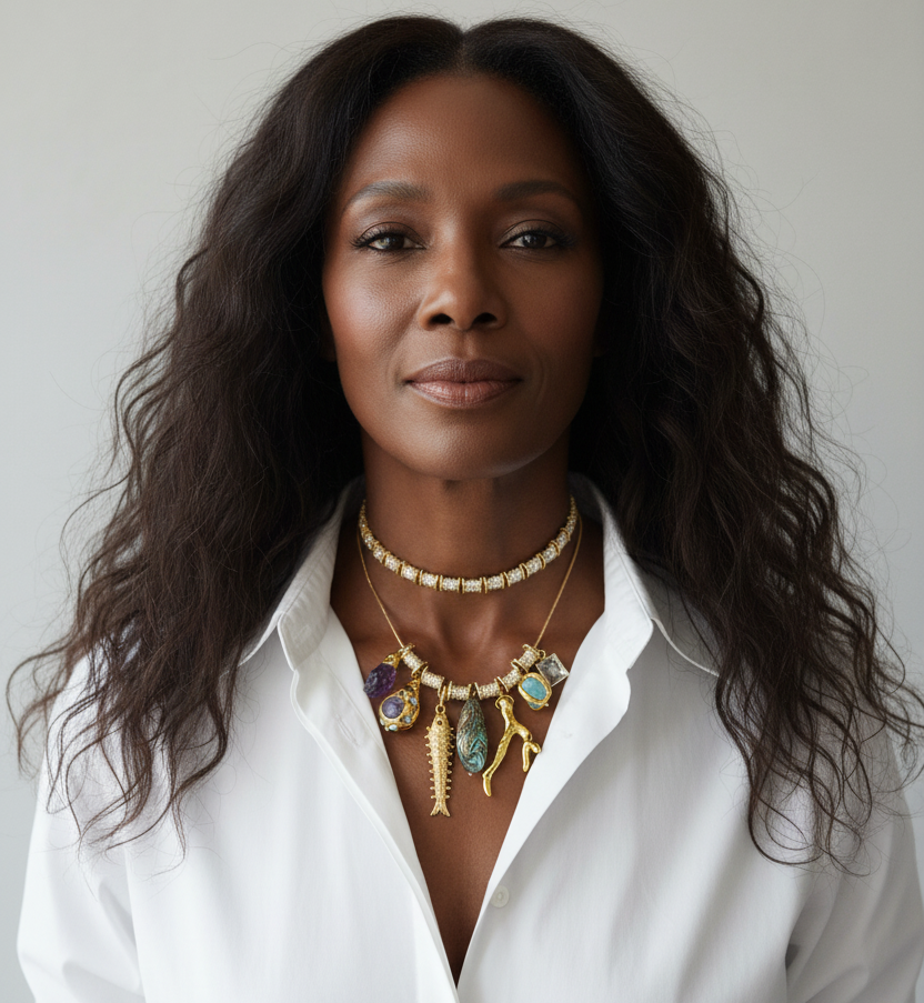 CONTEMPORARY 18KT GOLD PLATED FISH & GEMSTONE CHARM CHOKER NECKLACE