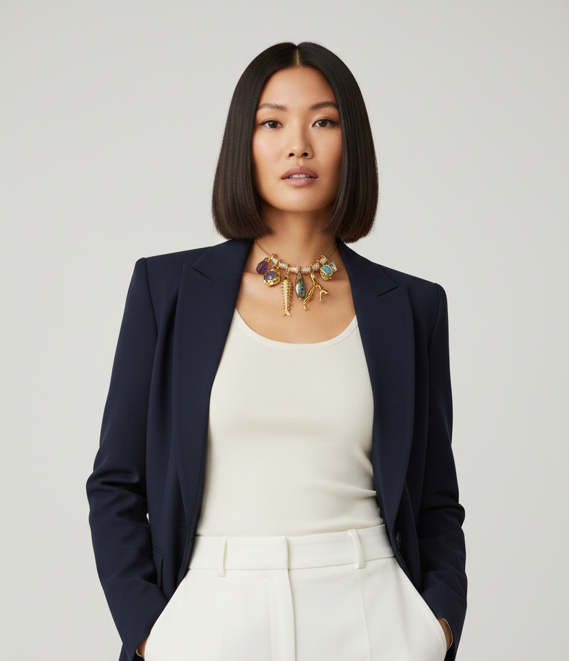 CONTEMPORARY 18KT GOLD PLATED FISH & GEMSTONE CHARM CHOKER NECKLACE