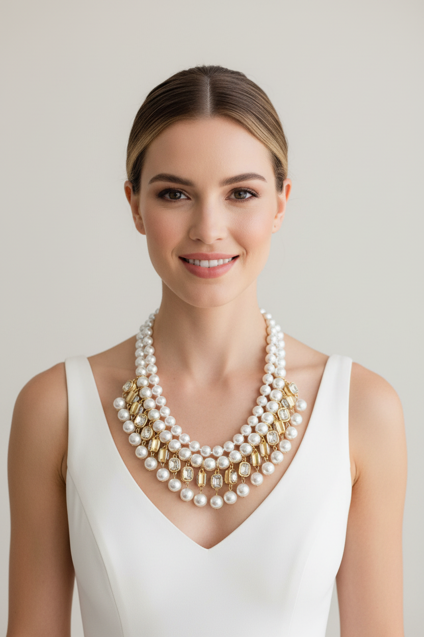 Modern glass pearl and crystal cleopatra statement necklace