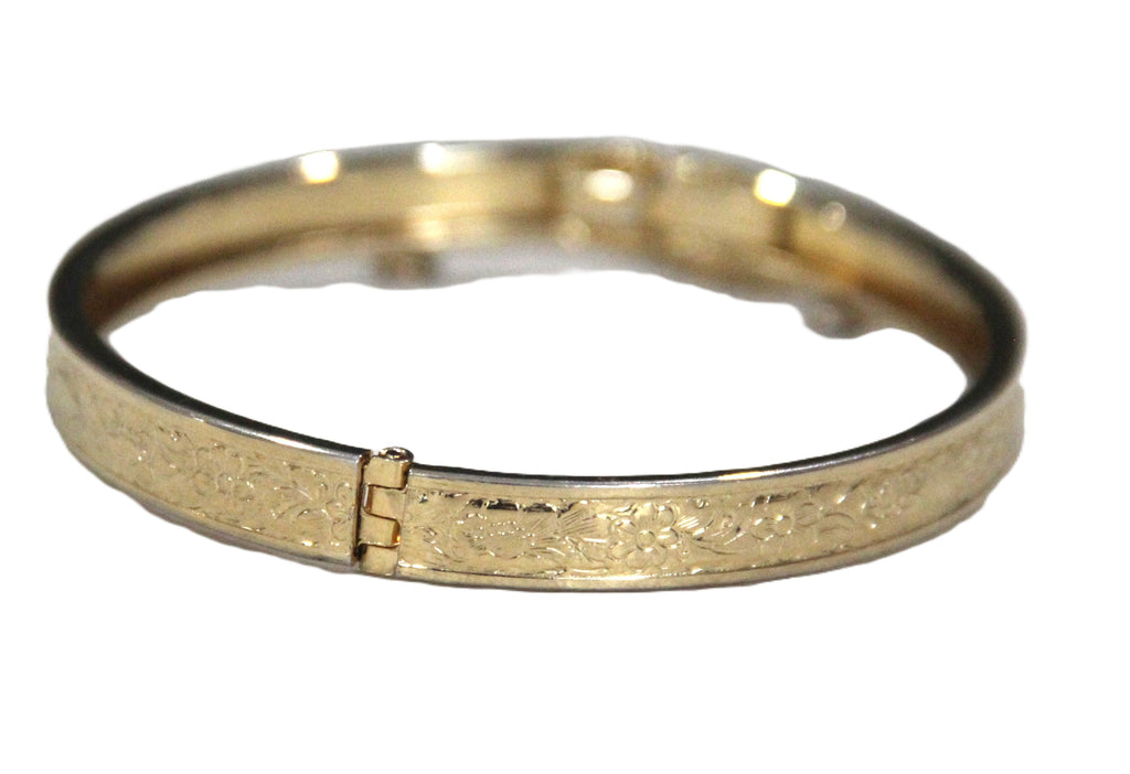 Antique gold filled etched floral design bangle bracelet