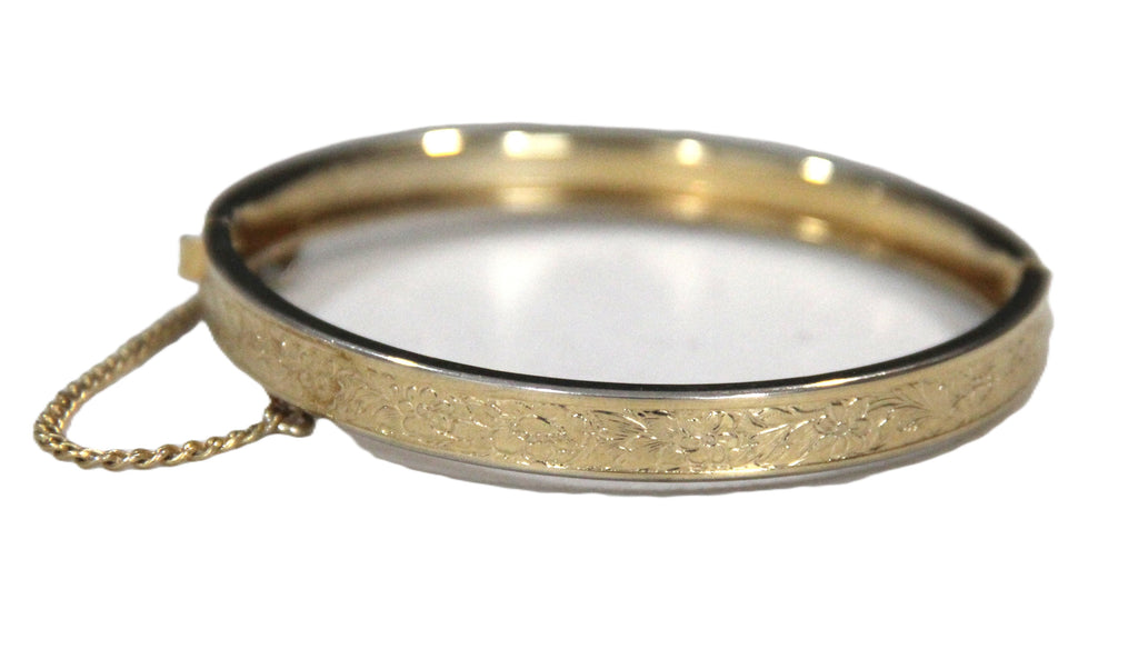 Antique gold filled etched floral design bangle bracelet