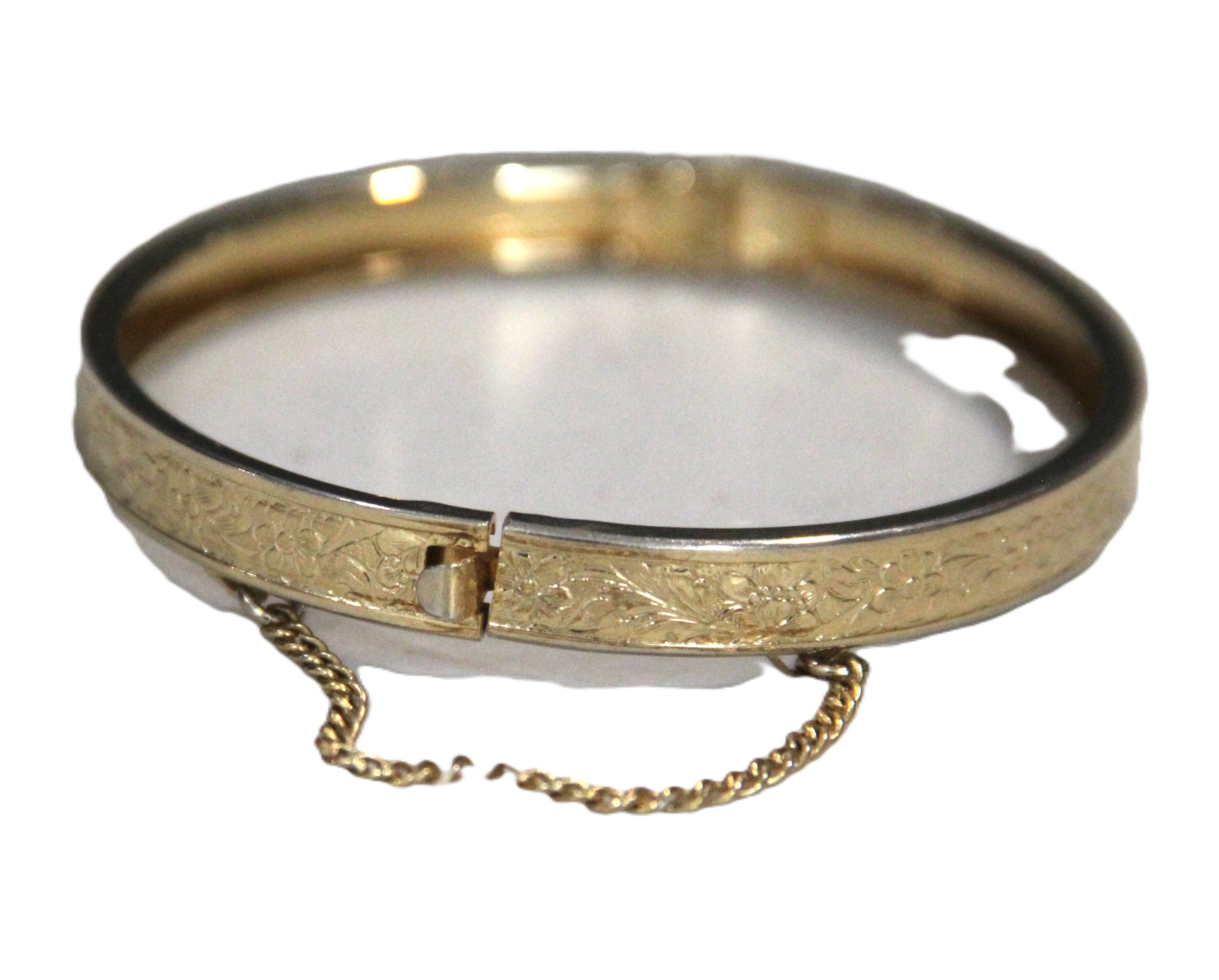 Antique gold filled etched floral design bangle bracelet