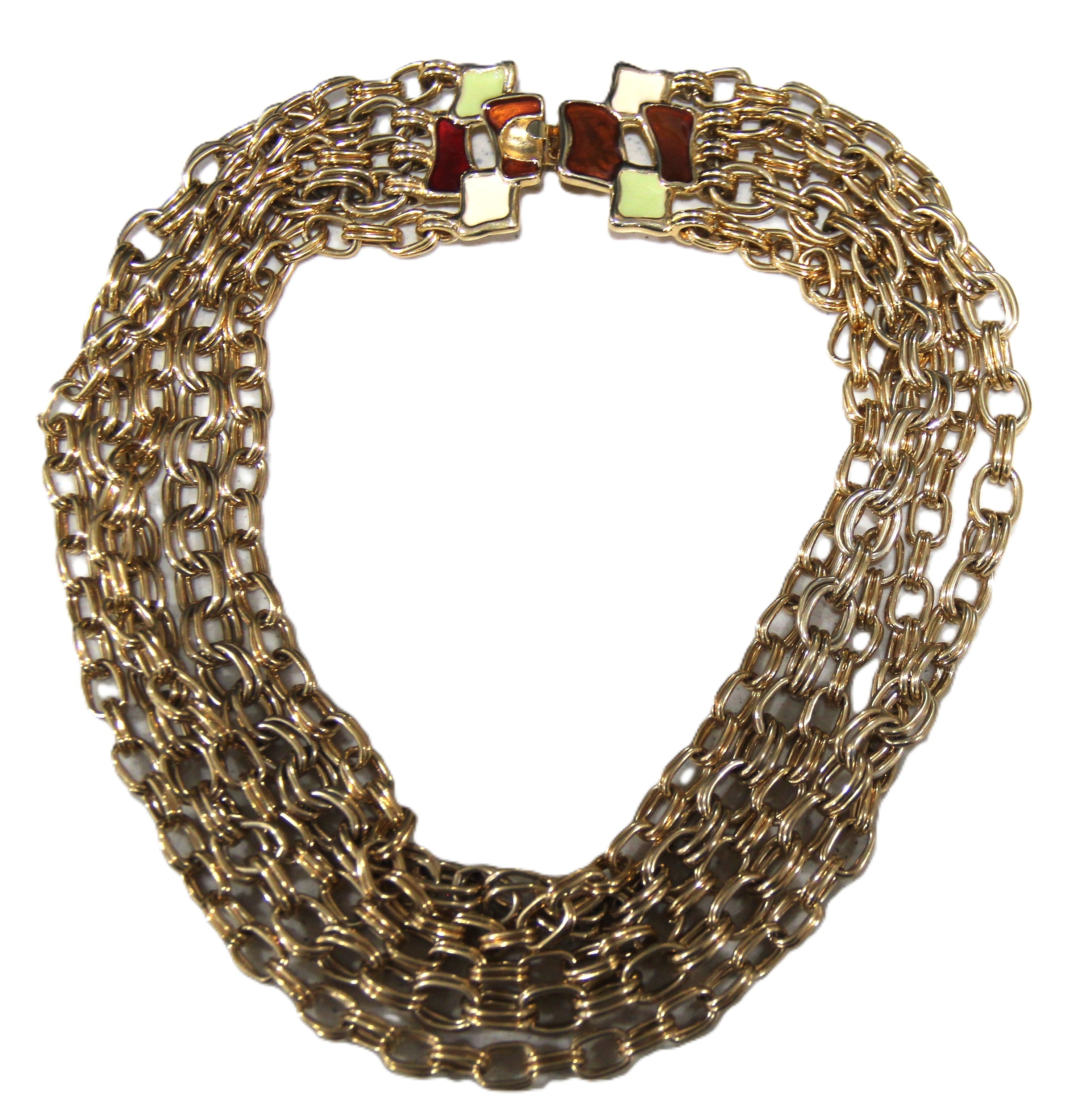 Vintage high end multi strand gold chain necklace with fancy enamel clasp