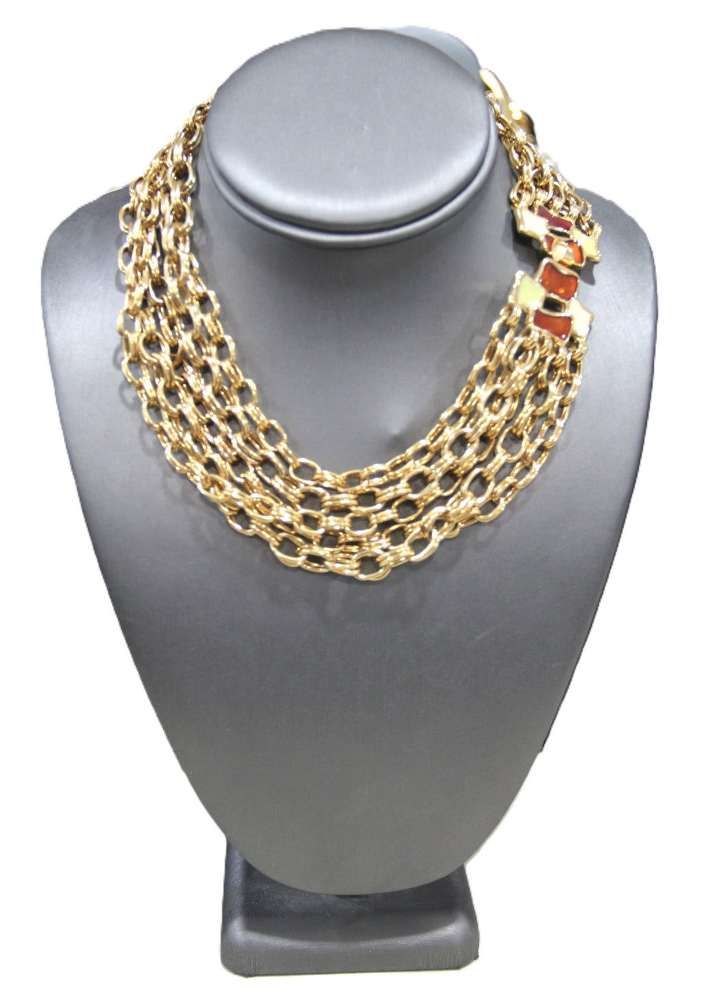 Vintage high end multi strand gold chain necklace with fancy enamel clasp