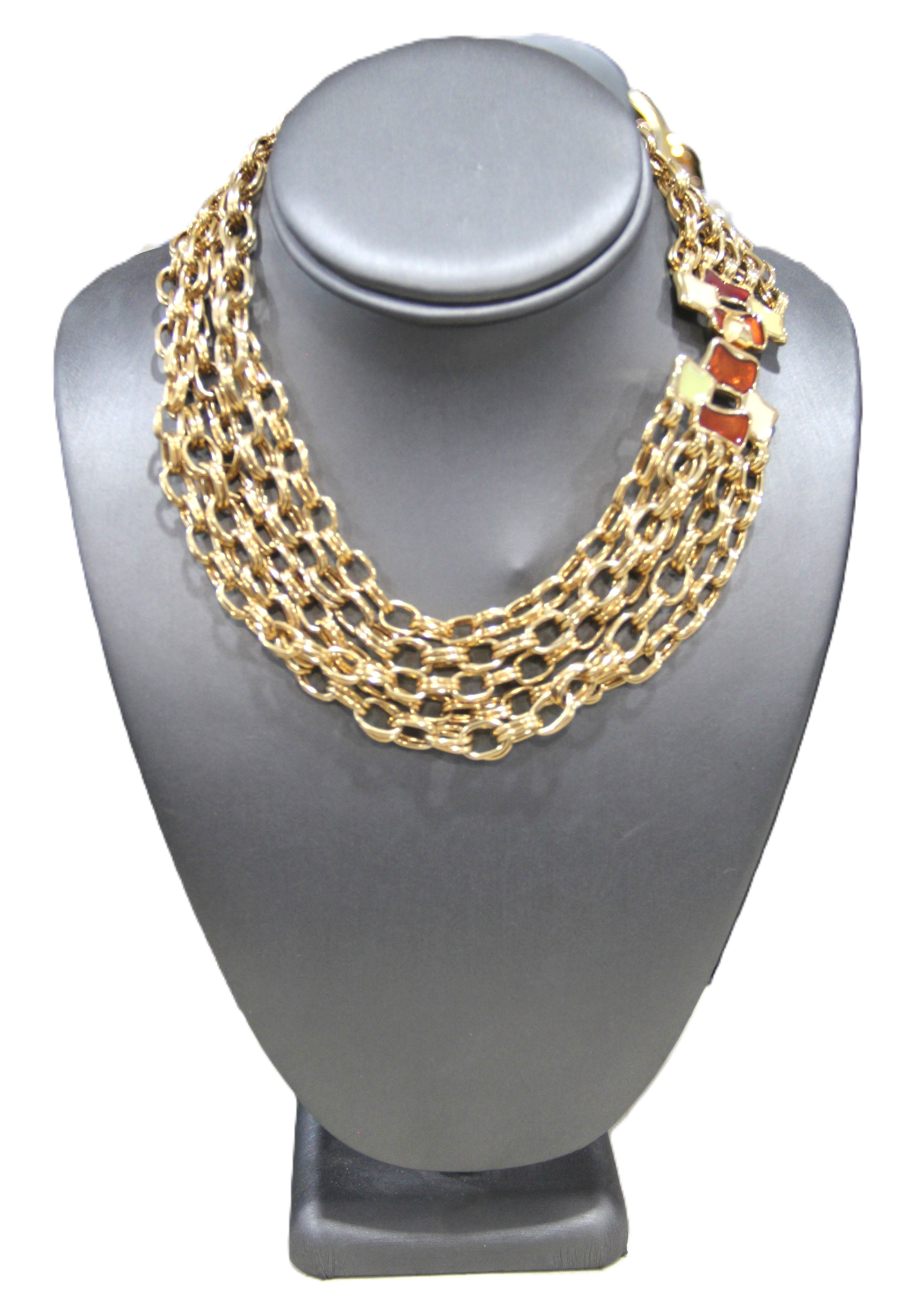 Vintage high end multi strand gold chain necklace with fancy enamel clasp