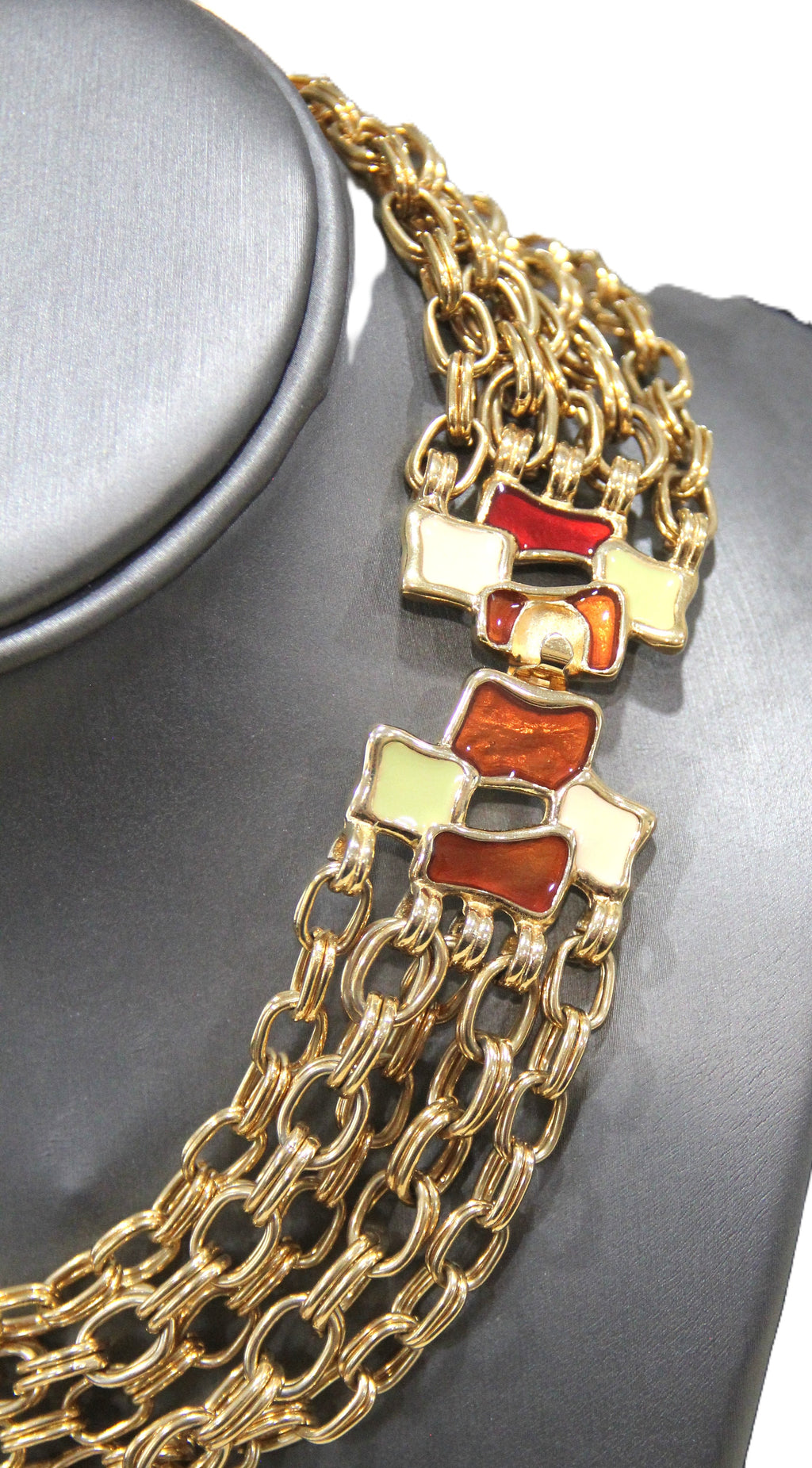 Vintage high end multi strand gold chain necklace with fancy enamel clasp