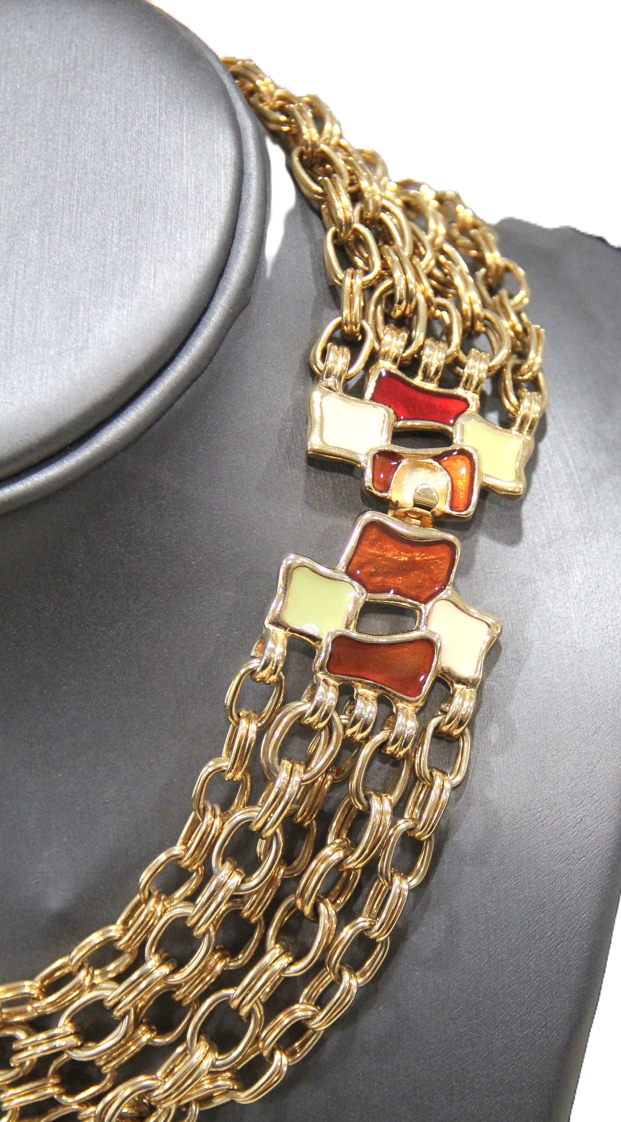 Vintage high end multi strand gold chain necklace with fancy enamel clasp