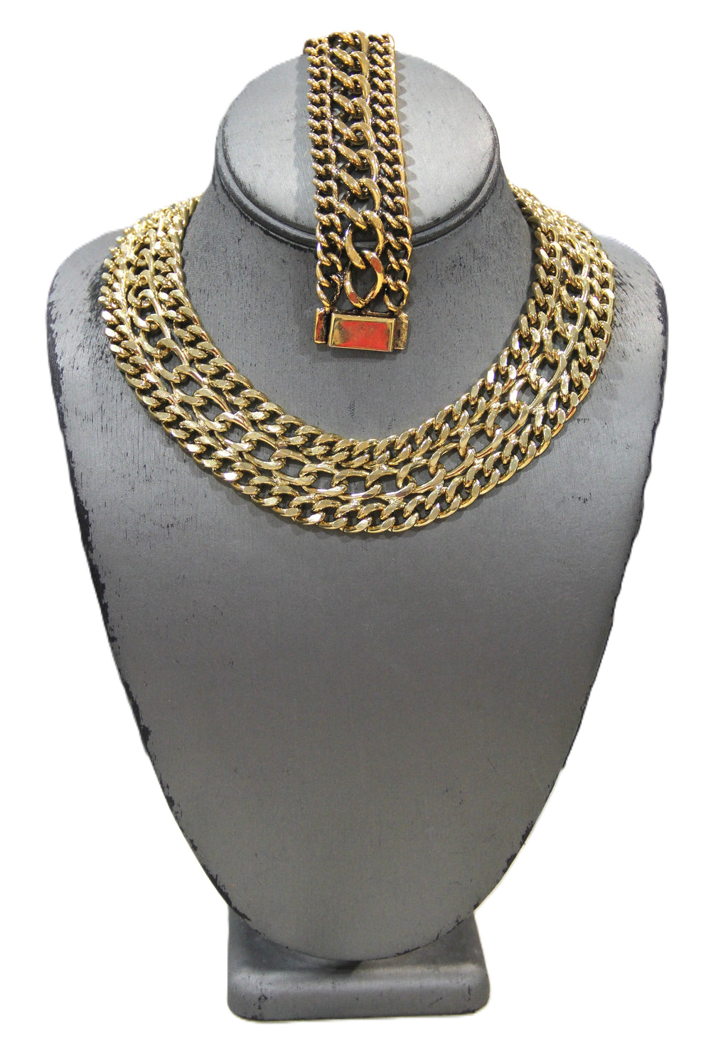 TRIPLE WIDE CURB CHAIN NECKLACE & BRACELET SET