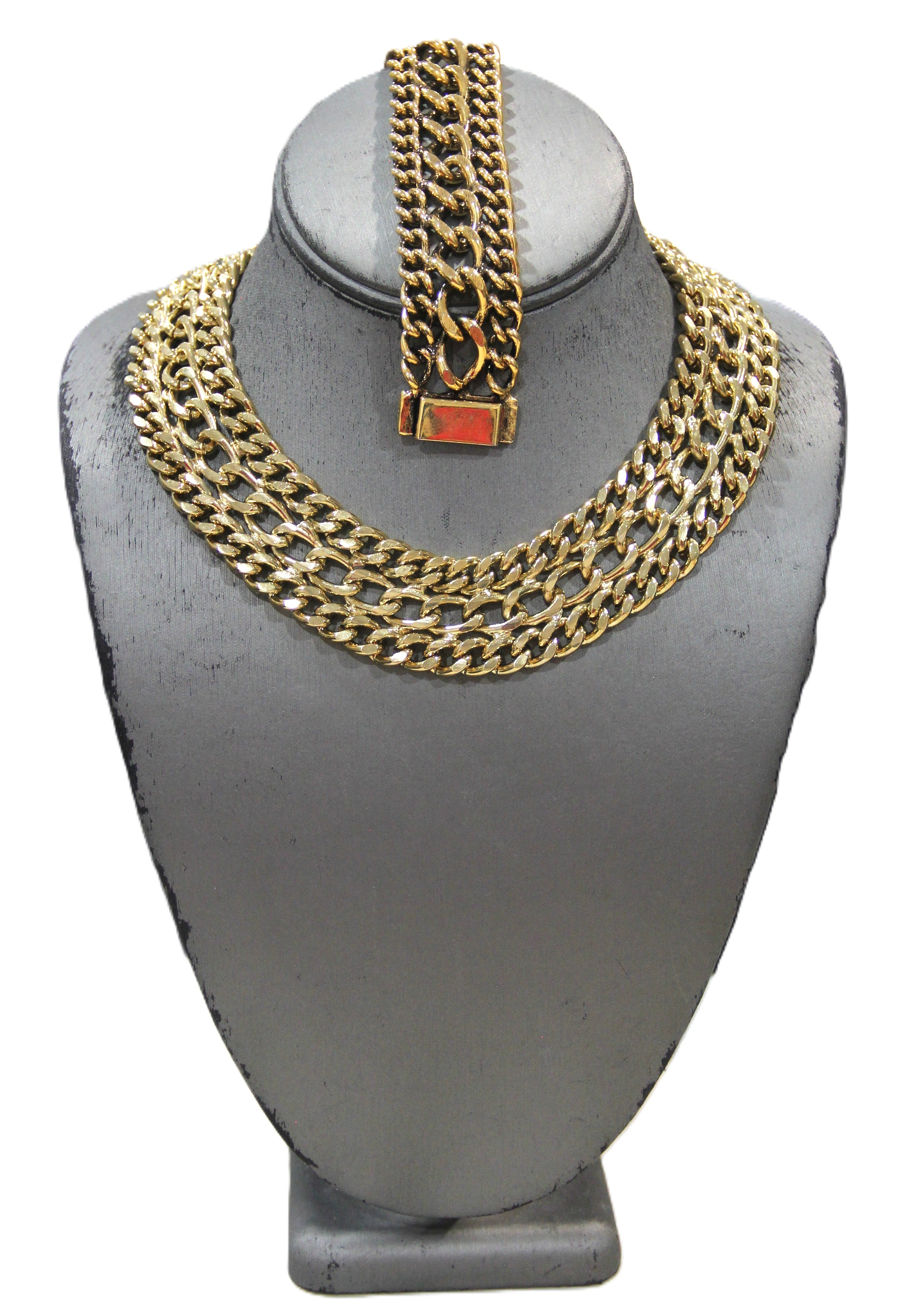 TRIPLE WIDE CURB CHAIN NECKLACE & BRACELET SET