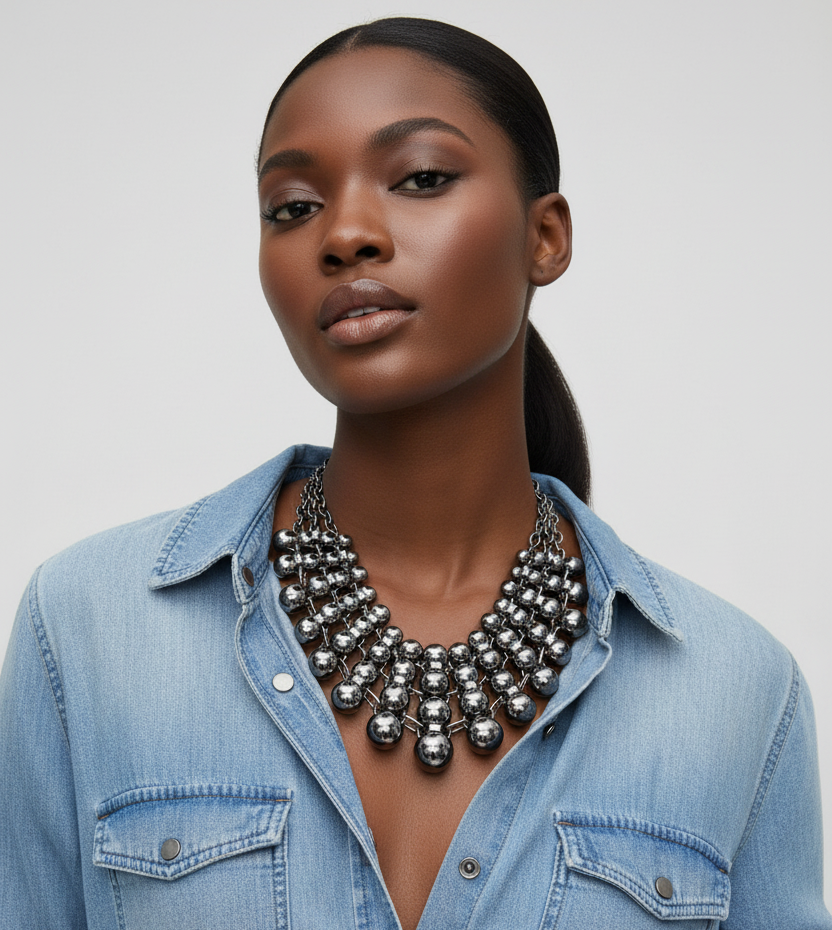GRAZIANO DEAD STOCK STATEMENT NECKLACE WITH BAGUETTE CRYSTAL ACCENTS