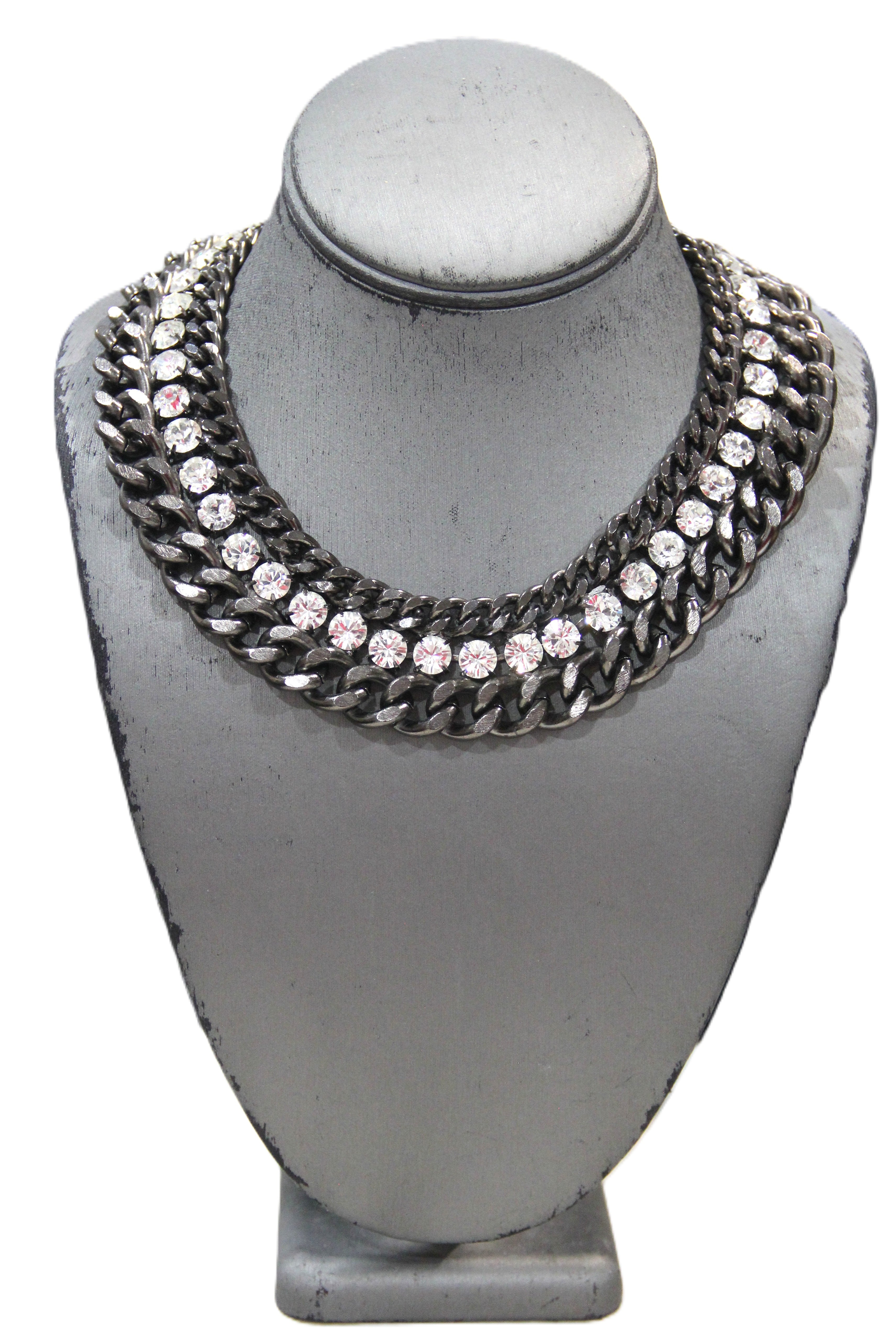 GRAZIANO DEAD STOCK HEAVY CURBED CHAIN AND RHINESTONE STATEMENT NECKLACE