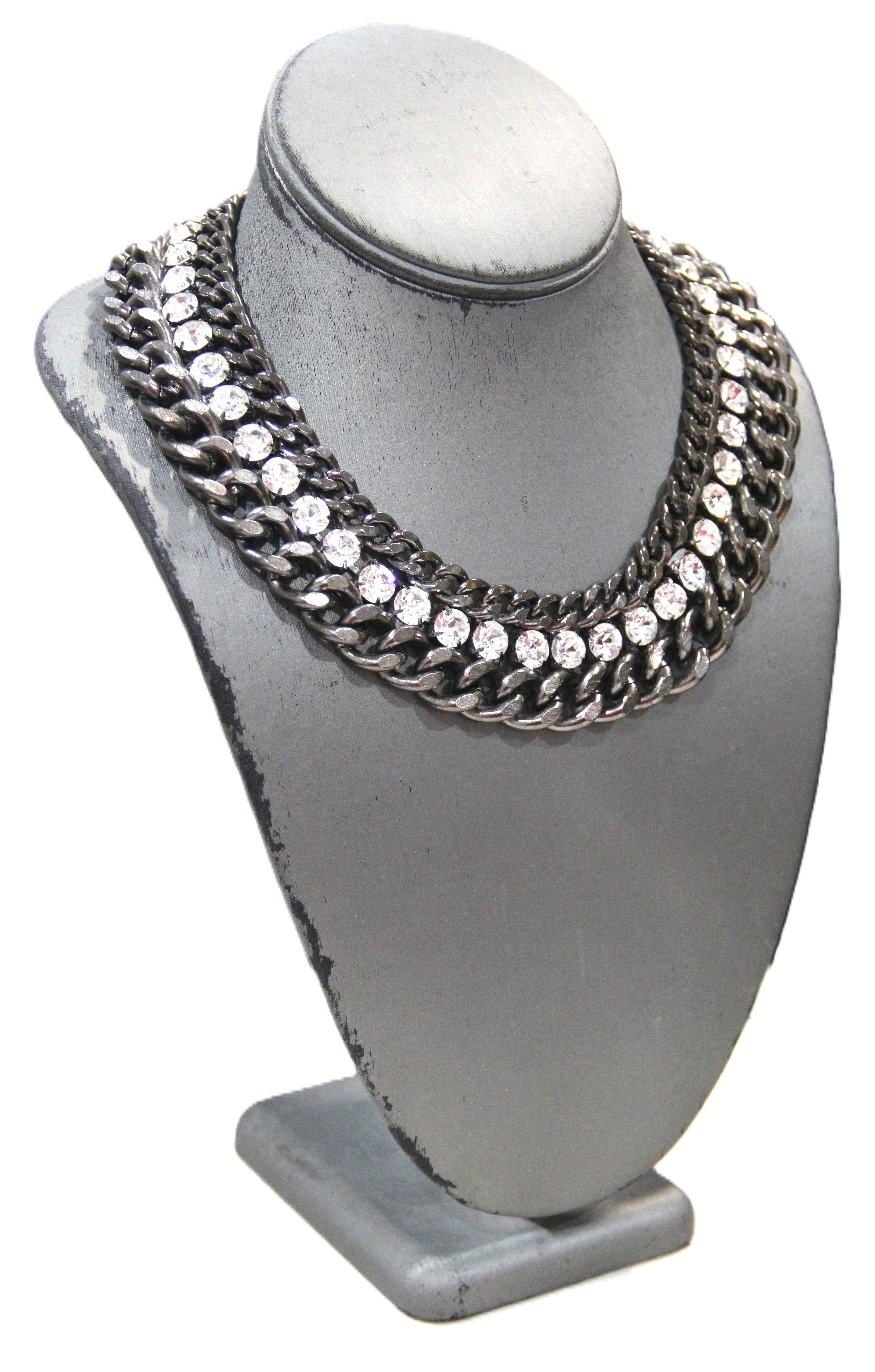 GRAZIANO DEAD STOCK HEAVY CURBED CHAIN AND RHINESTONE STATEMENT NECKLACE