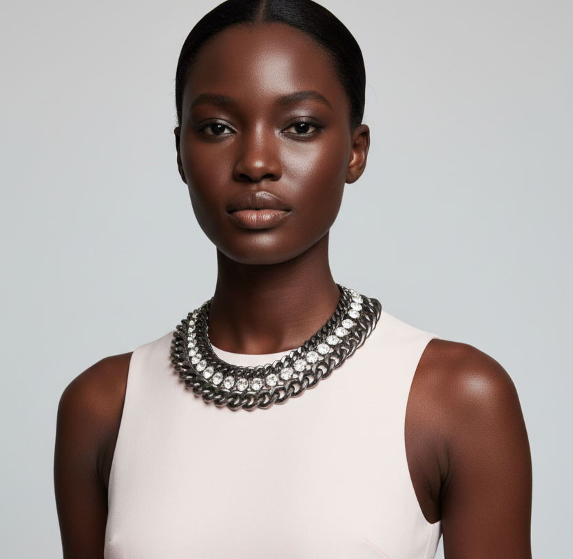 GRAZIANO DEAD STOCK HEAVY CURBED CHAIN AND RHINESTONE STATEMENT NECKLACE