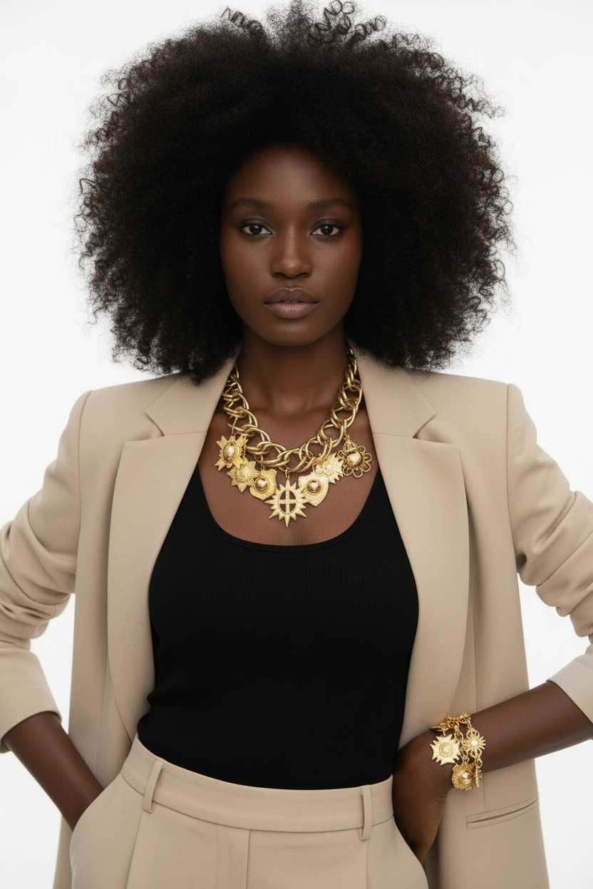 GRAZIANO DEAD STOCK GOLD CHARM STATEMENT NECKLACE & BRACELET SET
