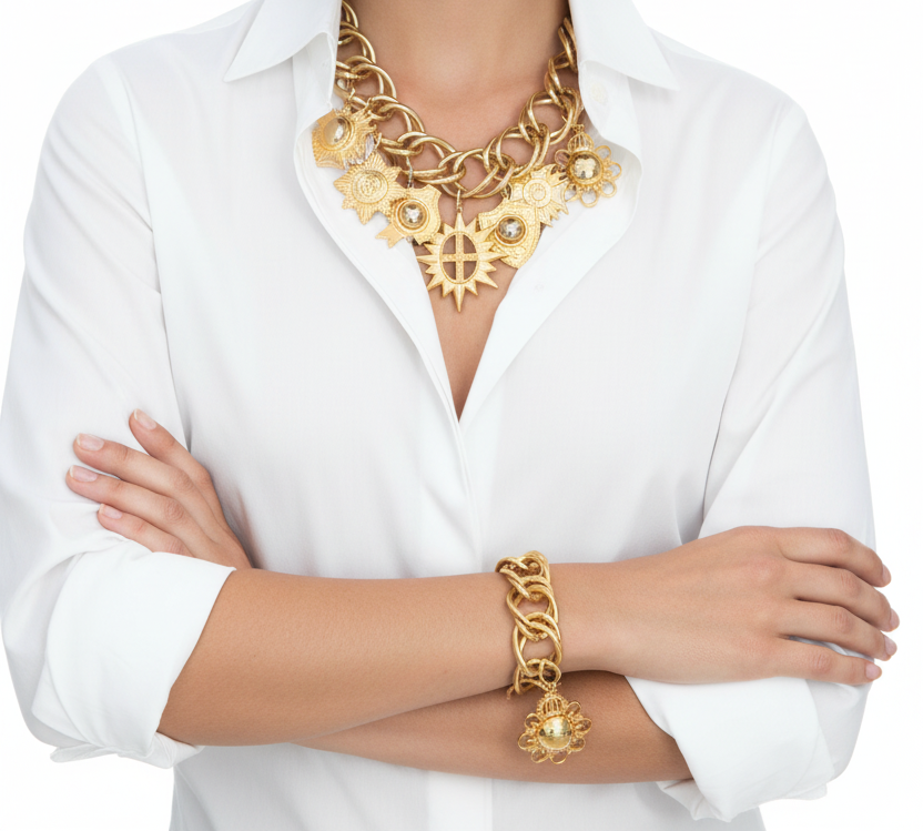 GRAZIANO DEAD STOCK GOLD CHARM STATEMENT NECKLACE & BRACELET SET