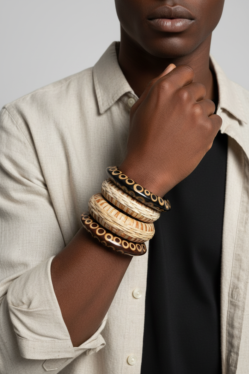 GRAZIANO DEAD STOCK BOHO WEAVE & INLAY BANGLE BRACELET STACK